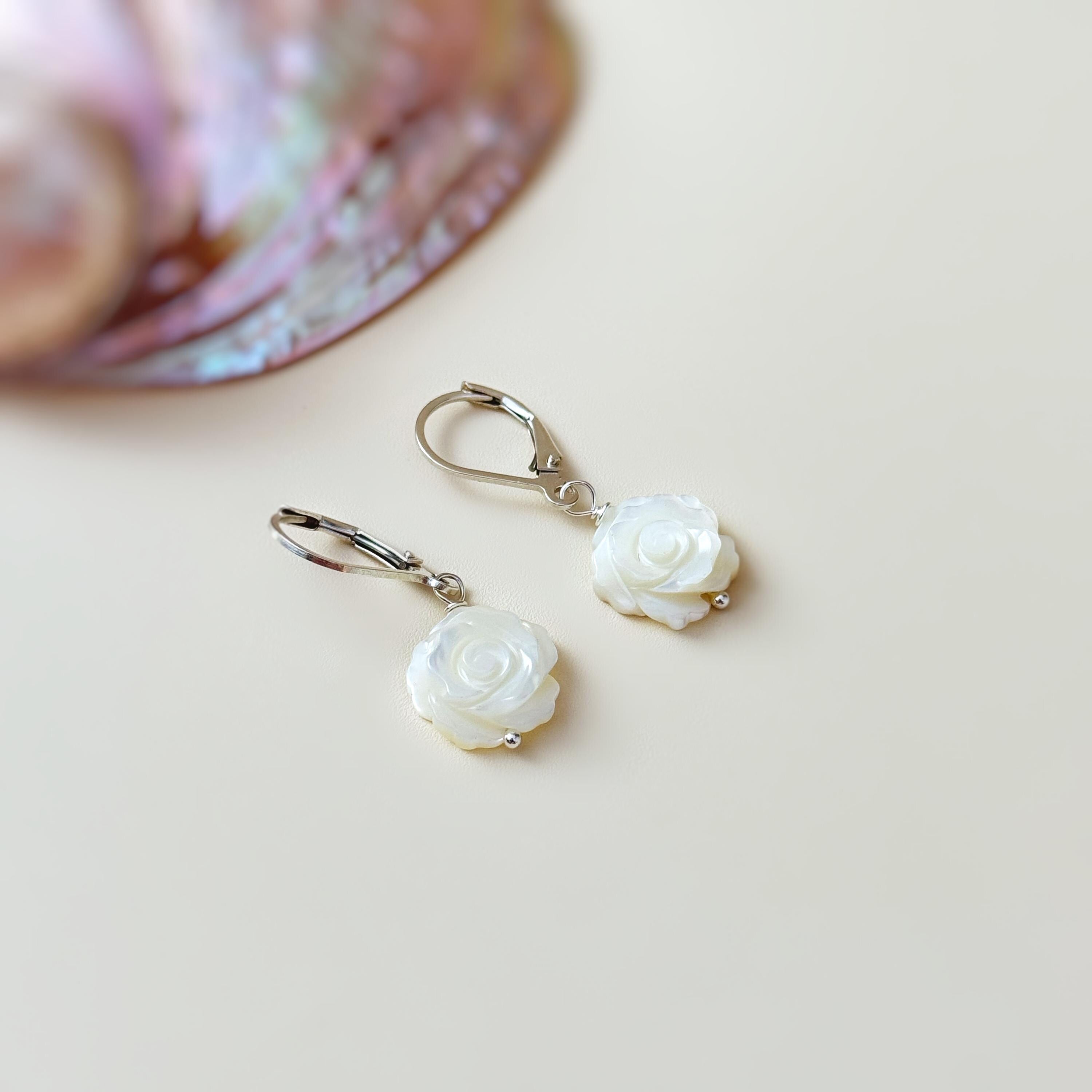 Mother of Pearl Rose Earrings 14k Gold Dangle handmade birthflower jewelry leverback June Birthday birth flower gift for grandma mom wife