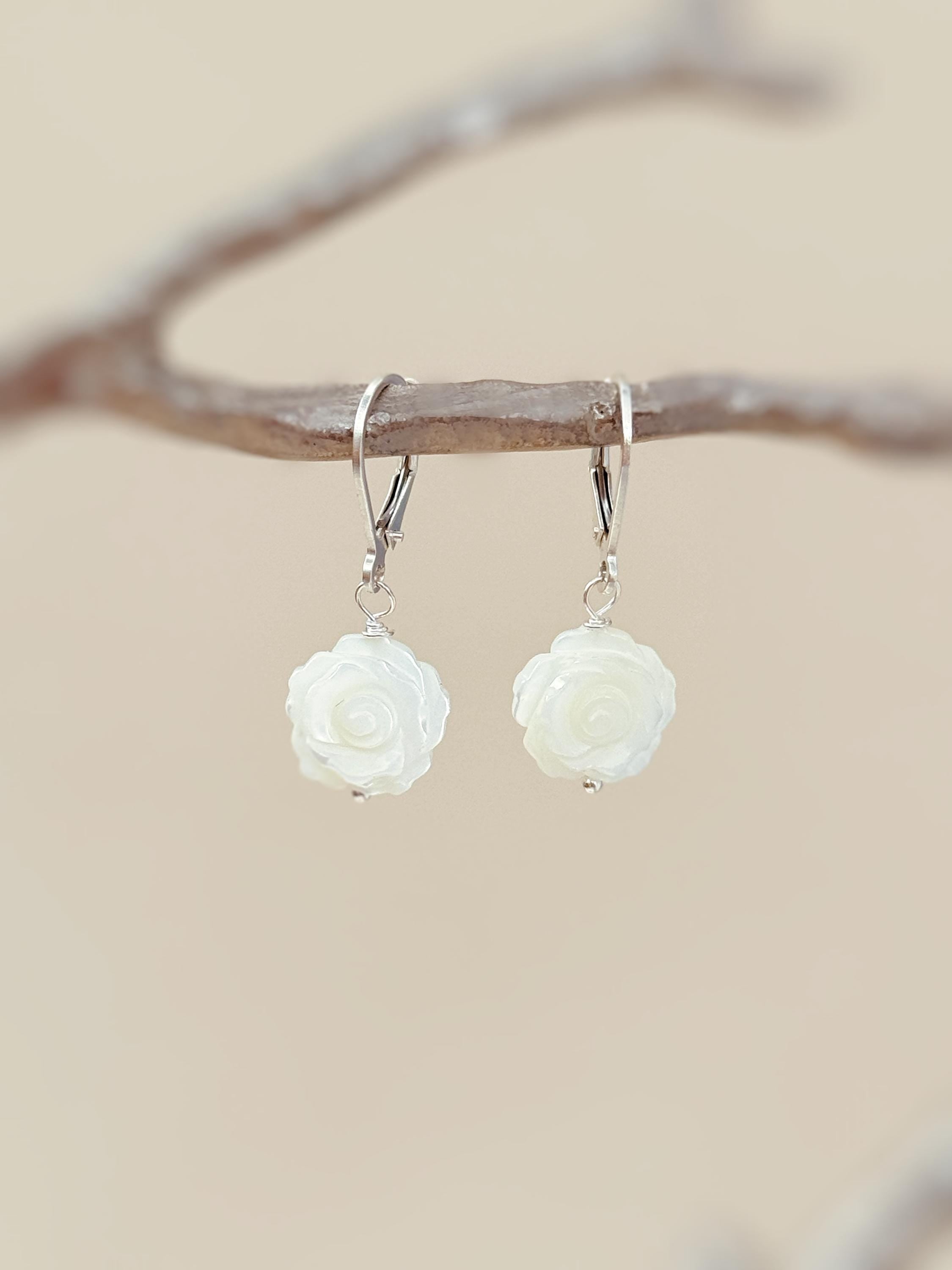 Mother of Pearl Rose Earrings 14k Gold Dangle handmade birthflower jewelry leverback June Birthday birth flower gift for grandma mom wife