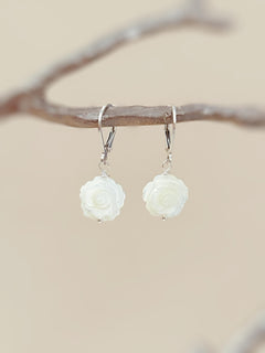 Mother of Pearl Rose Earrings 14k Gold Dangle handmade birthflower jewelry leverback June Birthday birth flower gift for grandma mom wife