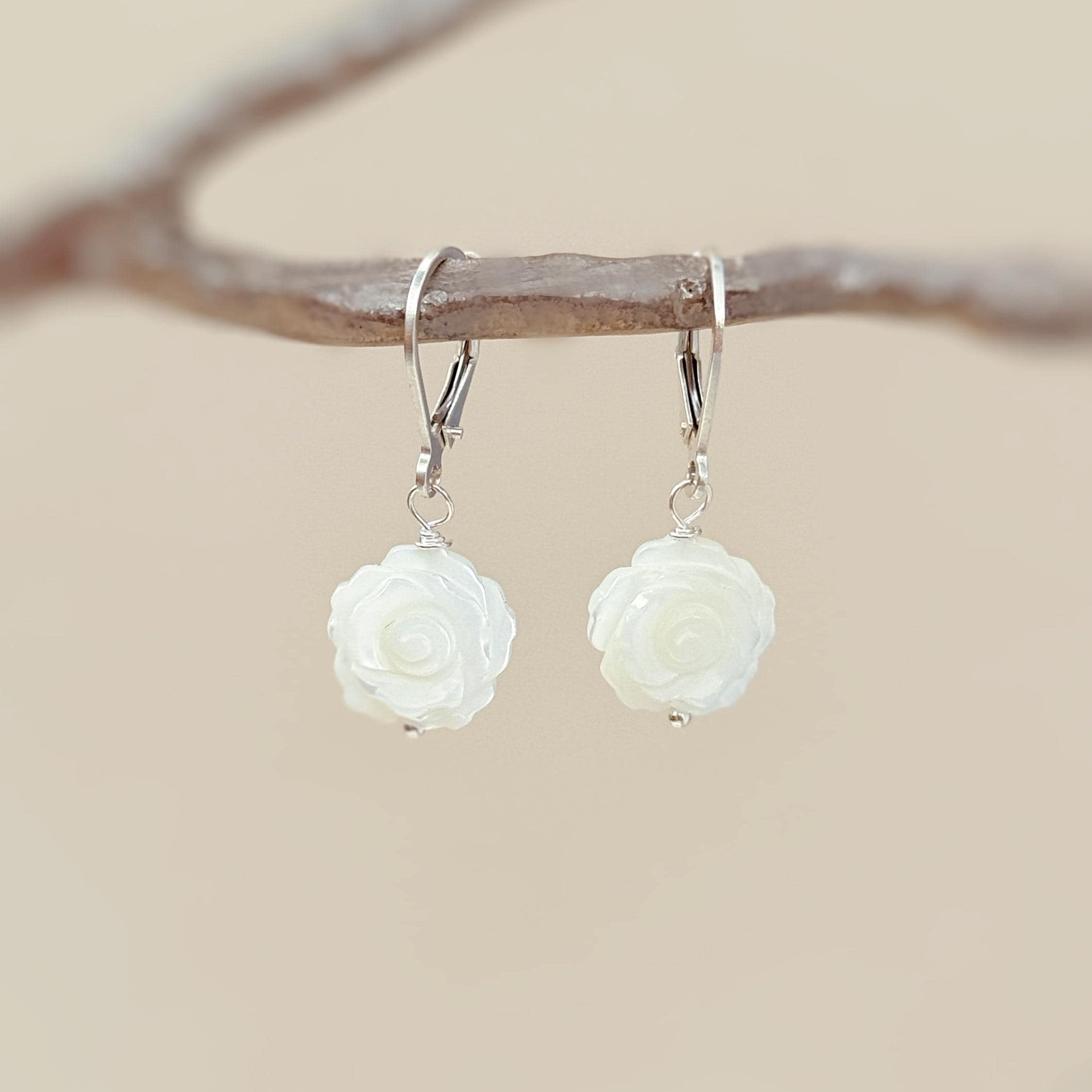 Mother of Pearl Rose Earrings 14k Gold Dangle handmade birthflower jewelry leverback June Birthday birth flower gift for grandma mom wife