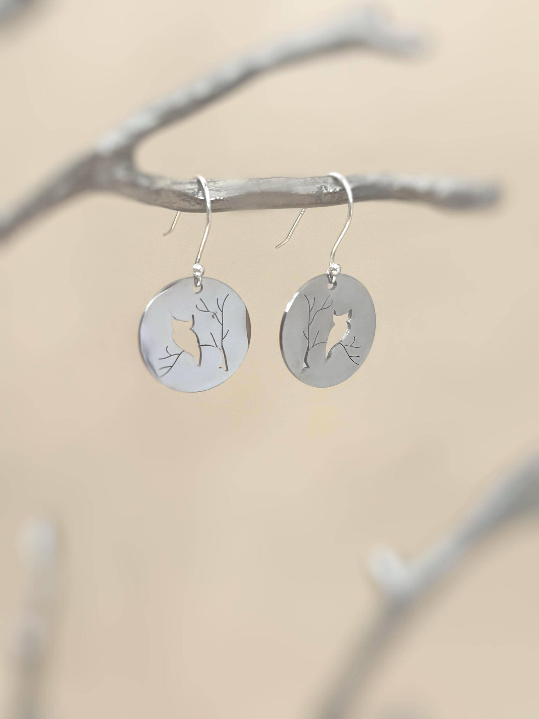 Owl Earrings dangle silver handmade witchy jewelry unique dangling spooky gothic earrings gift for nature and bird lovers, mom, sister, bff