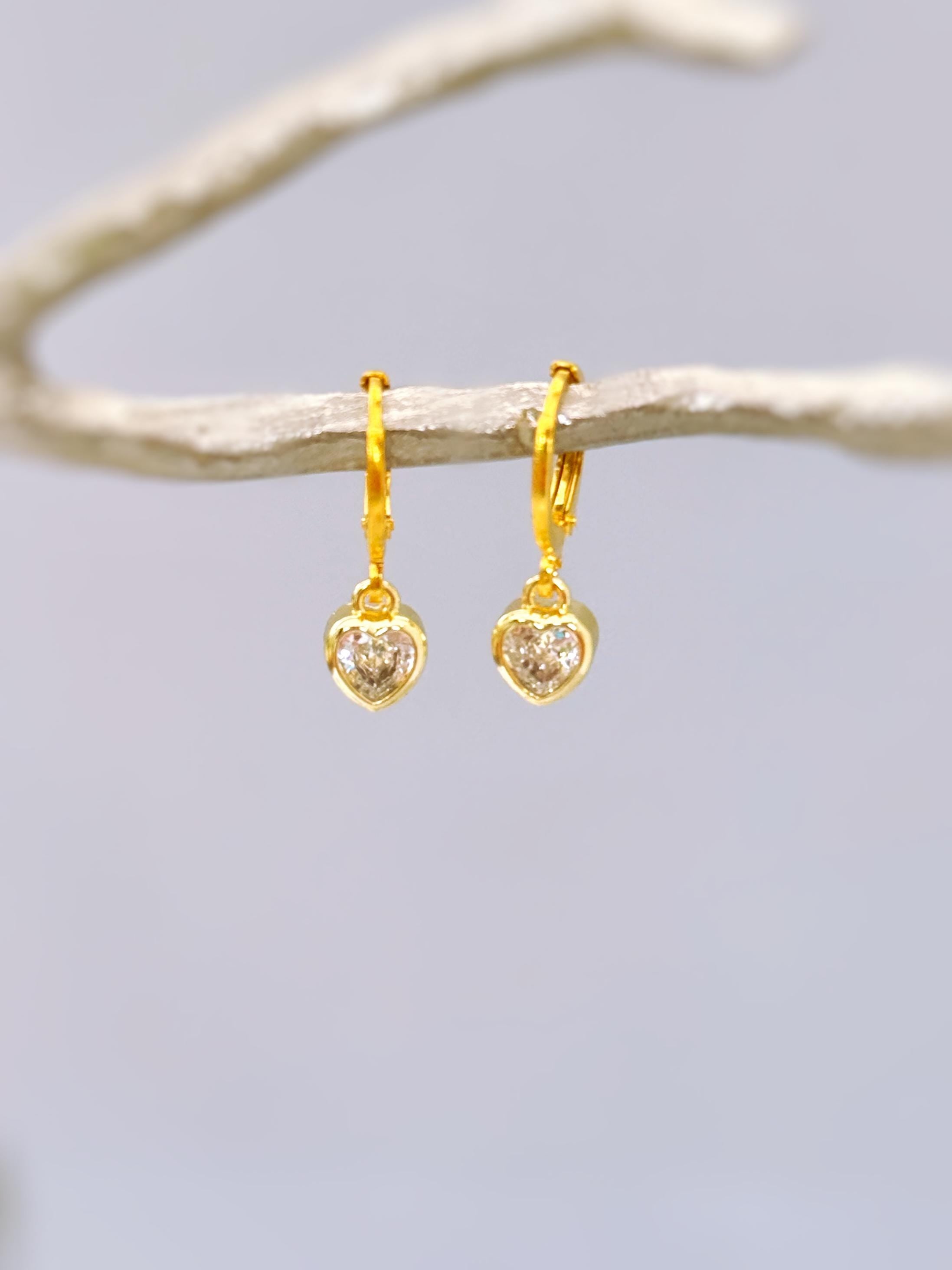 Dainty Crystal Heart Earrings Gold Huggie Hoops Dangle charms Silver, Rose Gold romantic birthday gift girlfriend bff sister daughter gift