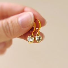 Dainty Crystal Heart Earrings Gold Huggie Hoops Dangle charms Silver, Rose Gold romantic birthday gift girlfriend bff sister daughter gift
