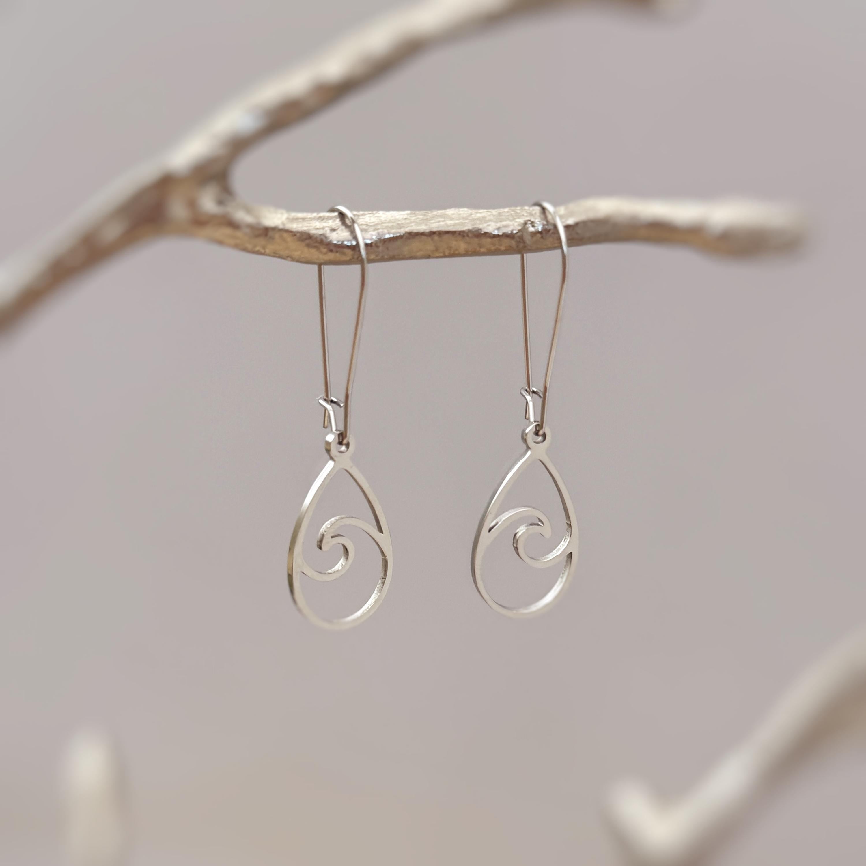 Teardrop Wave Earrings dangle sterling silver handmade dangly long lightweight Jewelry unique gift for best friend sister nature water lover