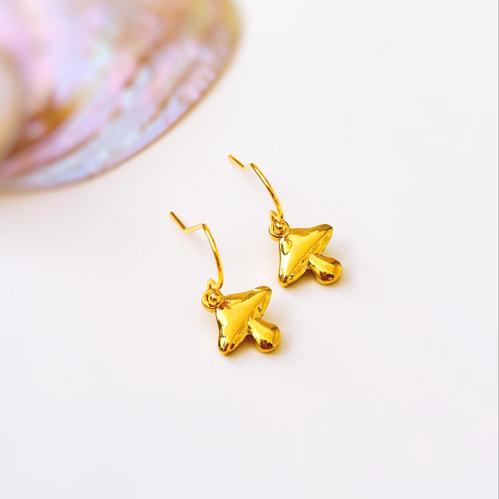 Gold Mushroom Earrings dangle  handmade Cottagecore Jewelry unique dangling charm earrings gift for gardener nature plant lover sister bff