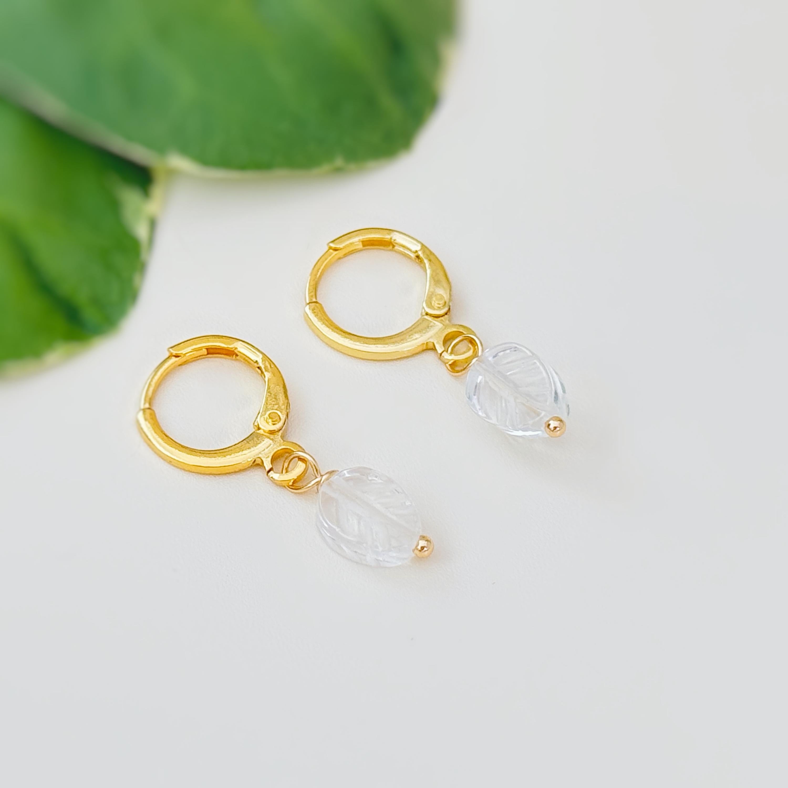 Tiny Quartz Crystal Leaf Earrings Gold Huggie Hoops Dangle charms Silver, Rose Gold gift for gardener girlfriend bff sister daughter mom bff