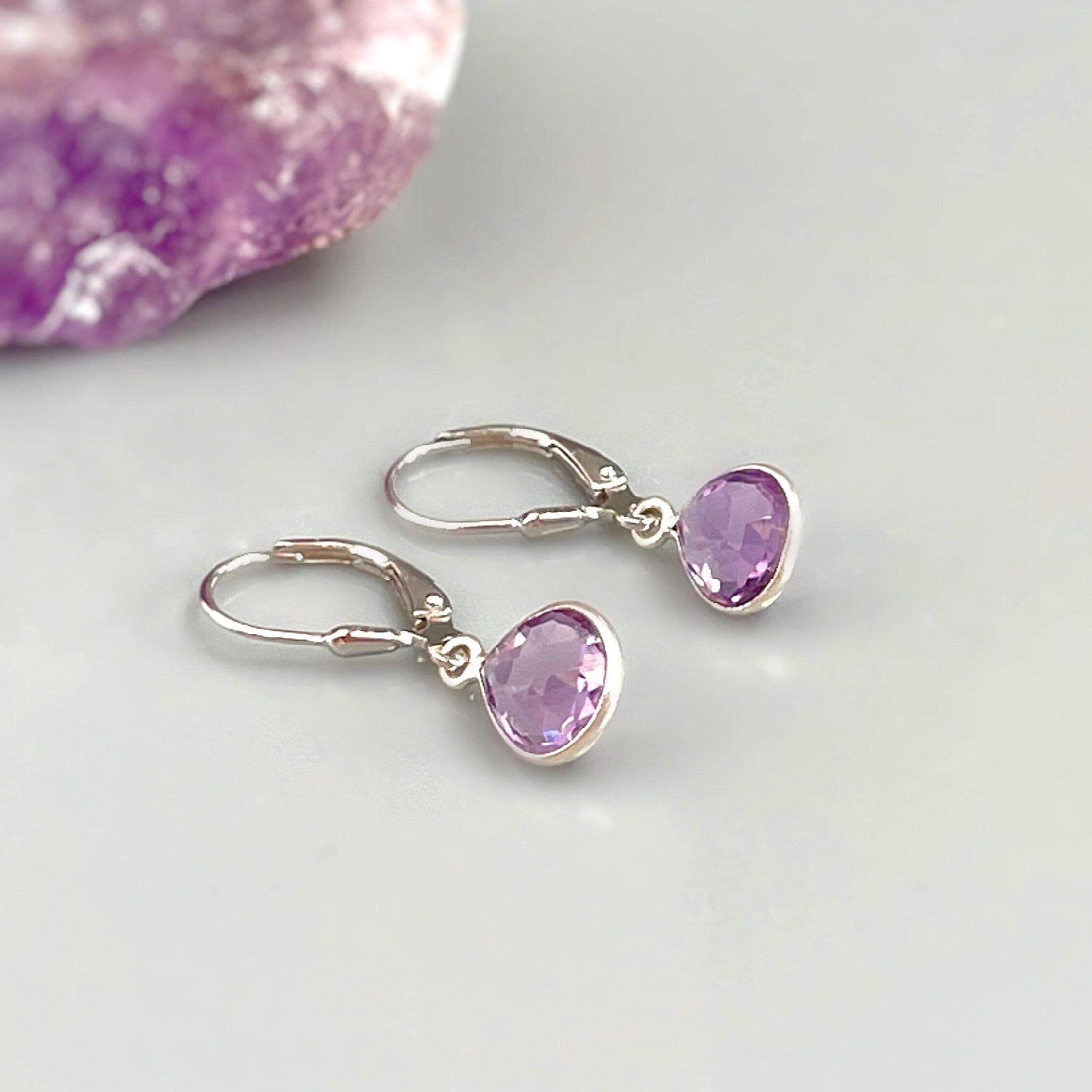 Pink Amethyst earrings bezel set silver