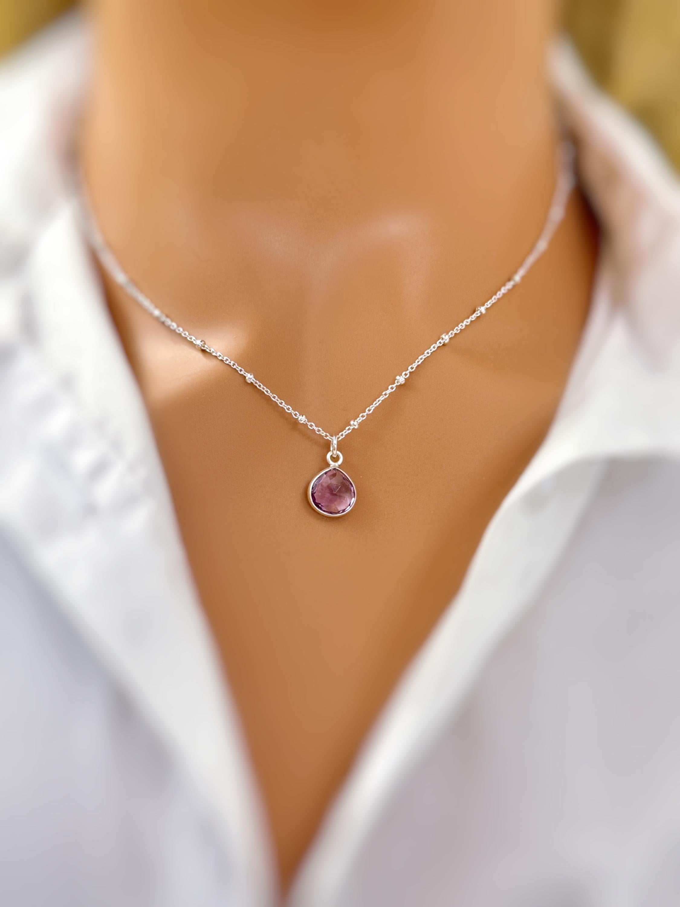 Pink Amethyst Necklace Sterling Silver handmade purple gemstone pendant February birthstone jewelry layering necklace for women gift for mom