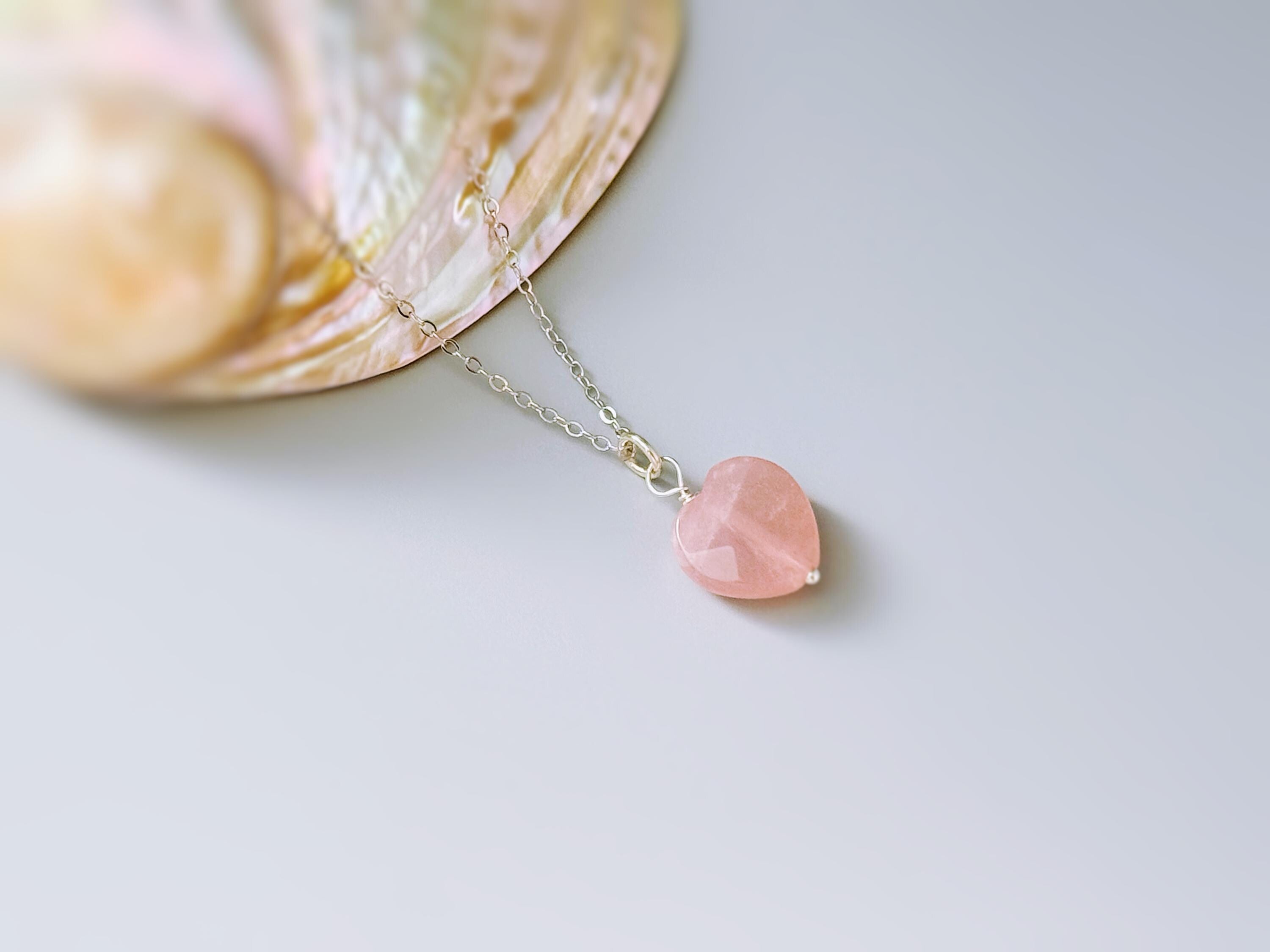 Rose Quartz Heart Necklace Silver, Gold, Rose Gold handmade pink gemstone pendant January birthstone gift for girlfriend, wife, mom sister