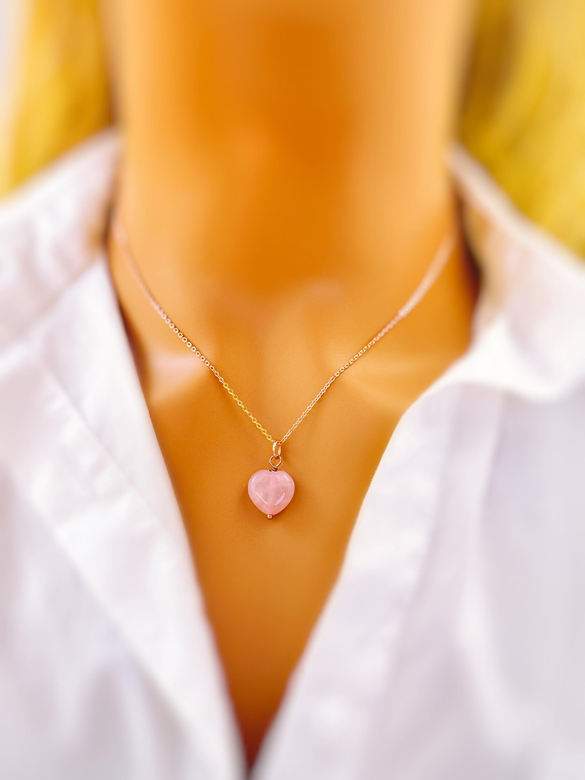 Rose Quartz Heart Necklace Silver, Gold, Rose Gold handmade pink gemstone pendant January birthstone gift for girlfriend, wife, mom sister