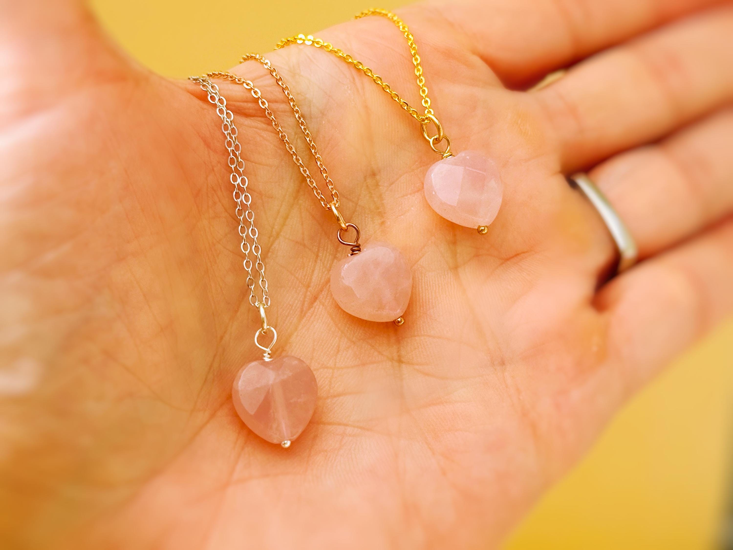 Rose Quartz Heart Necklace Silver, Gold, Rose Gold handmade pink gemstone pendant January birthstone gift for girlfriend, wife, mom sister