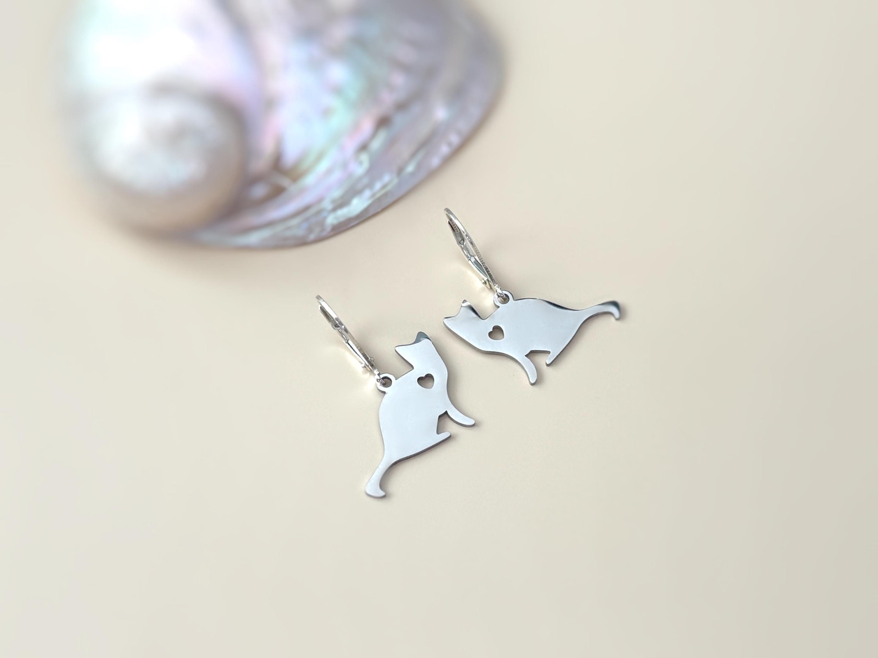 Cat Earrings dangle silver, gold handmade animal jewelry unique whimsical fun gift for kitten kitty lovers, vets, mom, sister, bff grandma