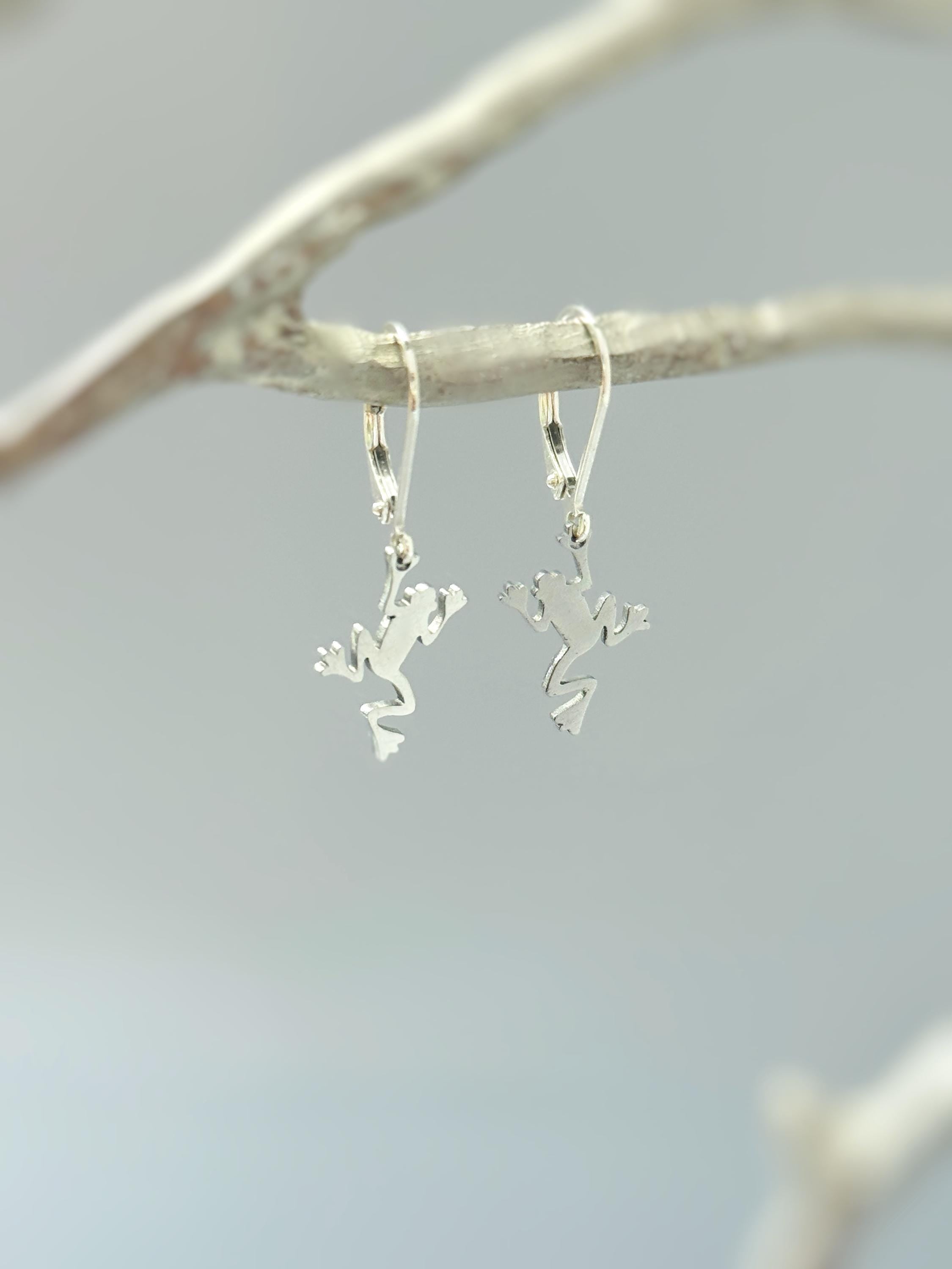 Frog Earrings dangle silver handmade animal jewelry unique whimsical fun gift for nature animal lovers, sister, bff, roommate friend