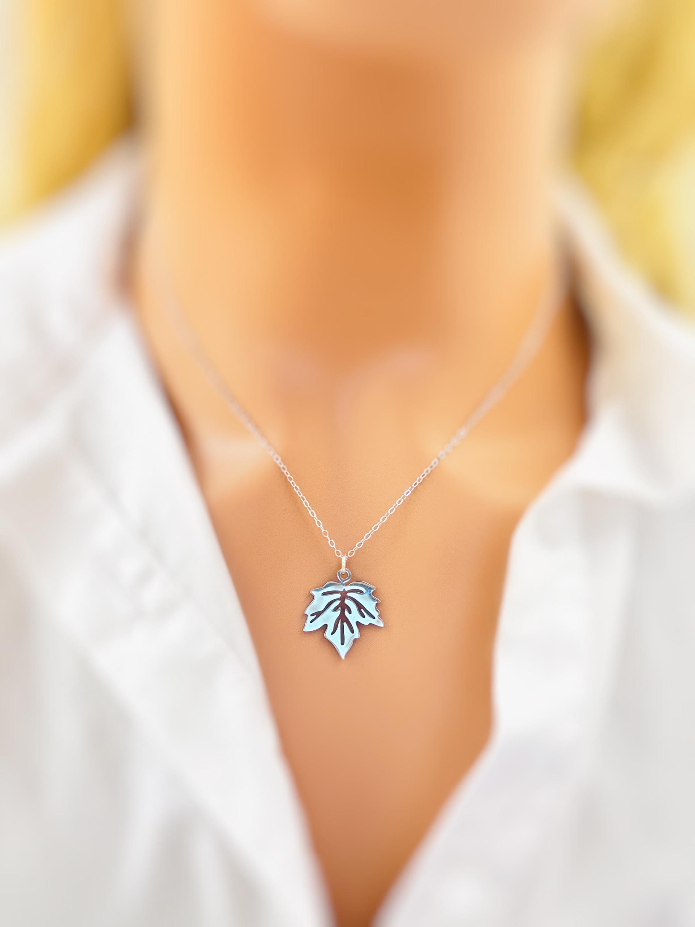 Maple Leaf Necklace silver, gold pendant for women minimalist handmade jewelry gift for gardener hiker nature lover Canadian leaves charm