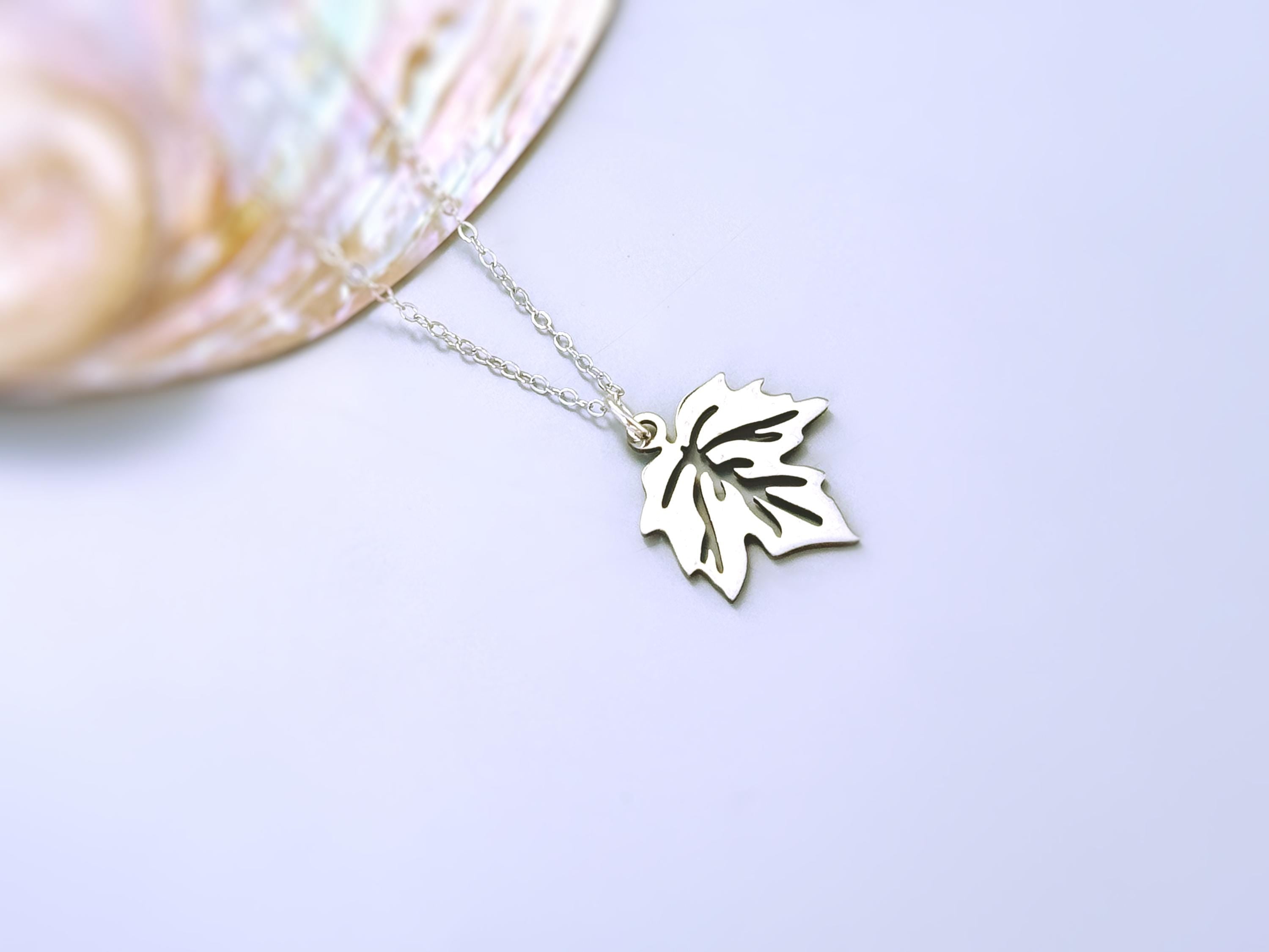 Maple Leaf Necklace silver, gold pendant for women minimalist handmade jewelry gift for gardener hiker nature lover Canadian leaves charm
