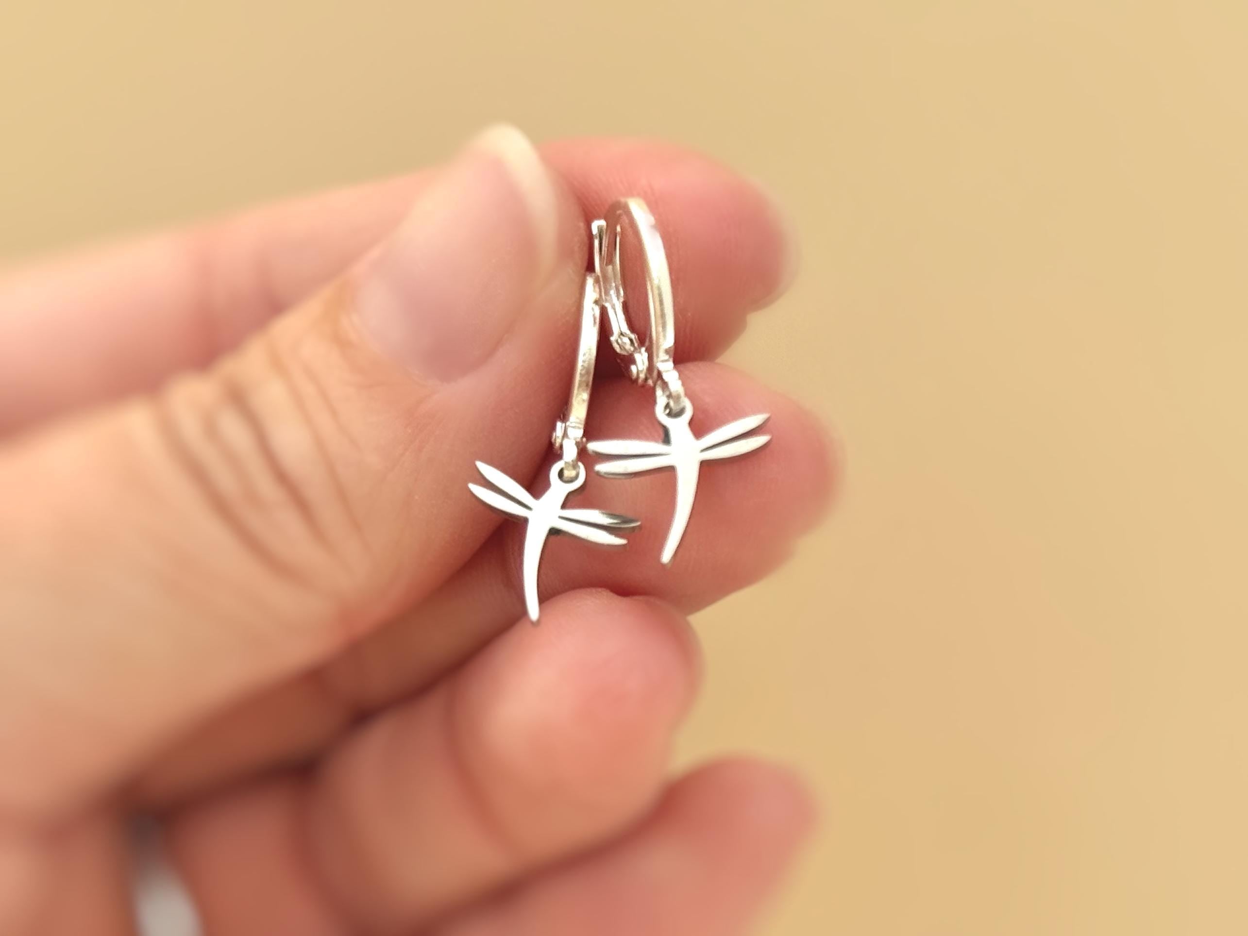 Tiny Dragonfly Earrings dangle Huggie Hoops silver, gold