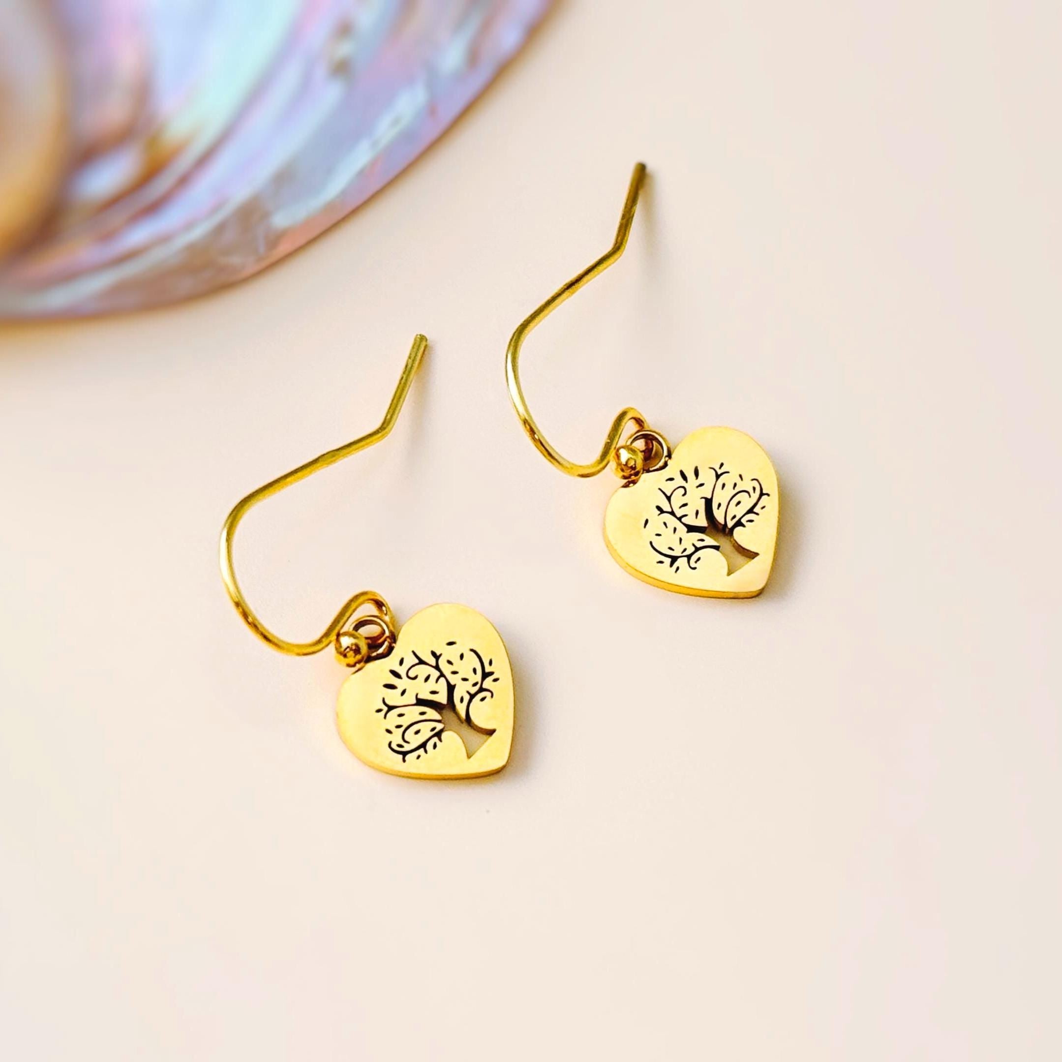 Dainty Tree of Life Earrings dangle 14k gold, silver, rose gold handmade dangly heart Jewelry unique gift for girlfriend, sister, mom friend