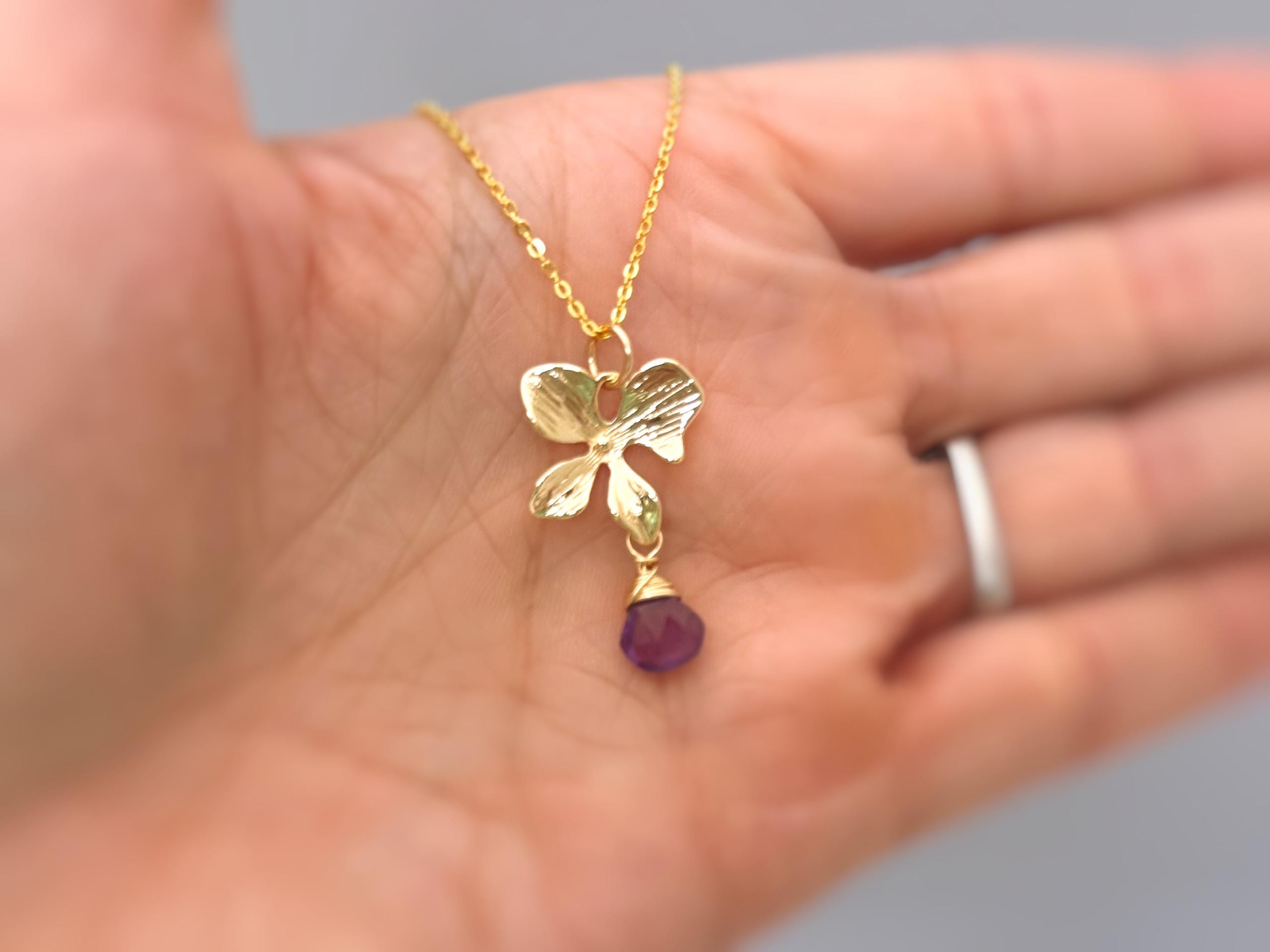 Amethyst Orchid Necklace 14k Gold Fill handmade flower pendant February purple Birthstone jewelry for women gift for mom, wife sister bff