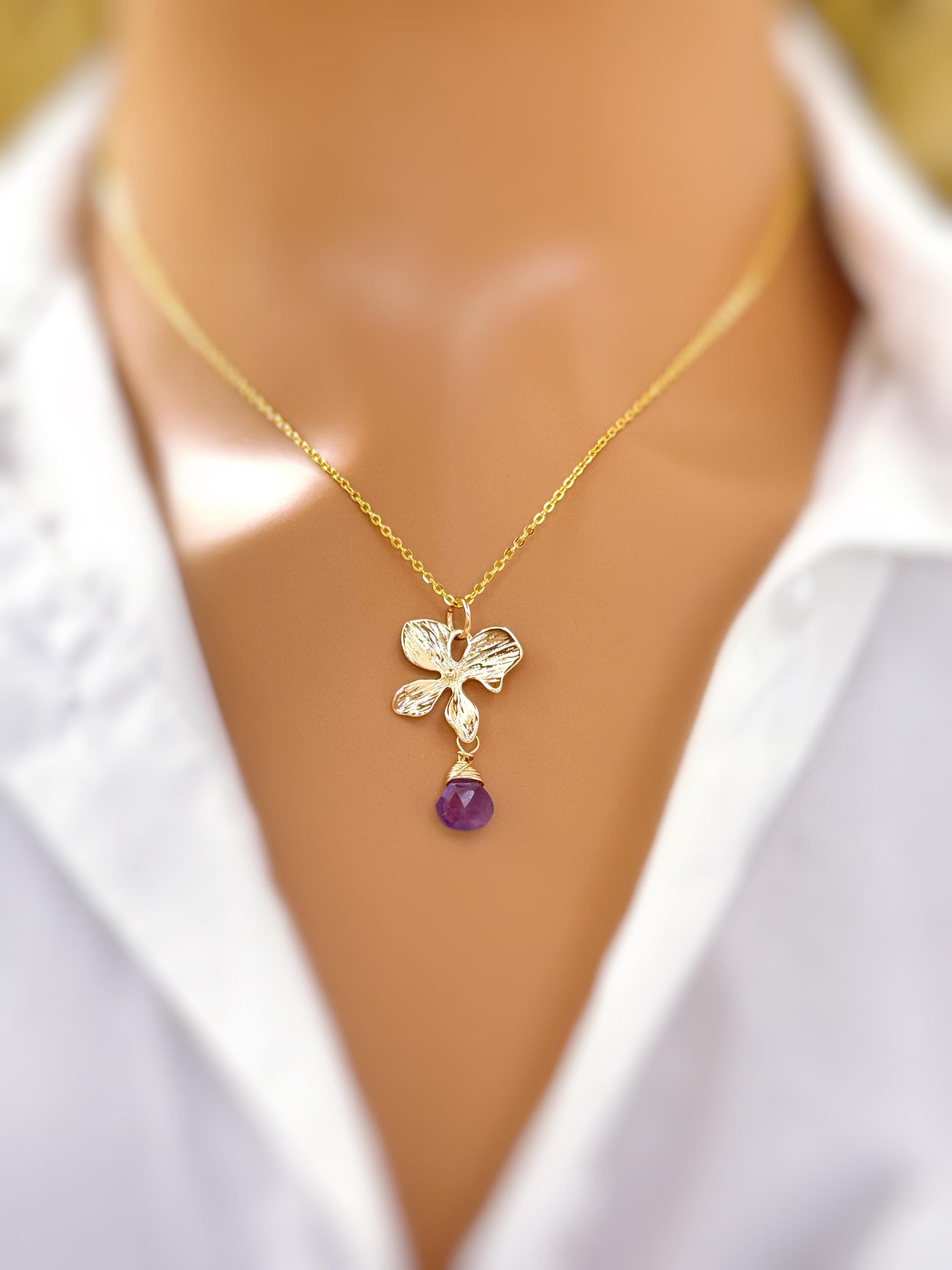 Amethyst Orchid Necklace 14k Gold Fill handmade flower pendant February purple Birthstone jewelry for women gift for mom, wife sister bff