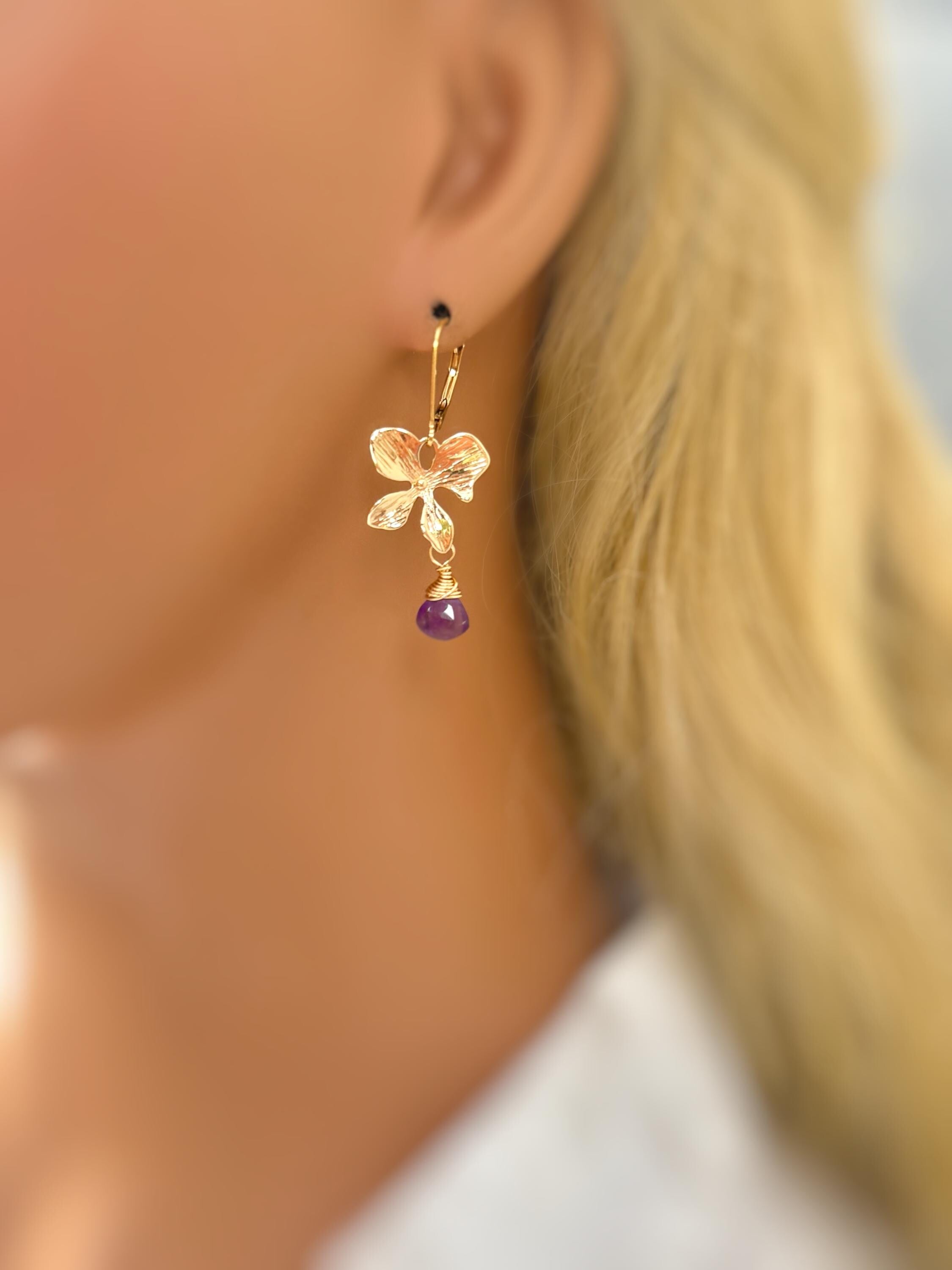 Amethyst Orchid Necklace 14k Gold Fill handmade flower pendant February purple Birthstone jewelry for women gift for mom, wife sister bff
