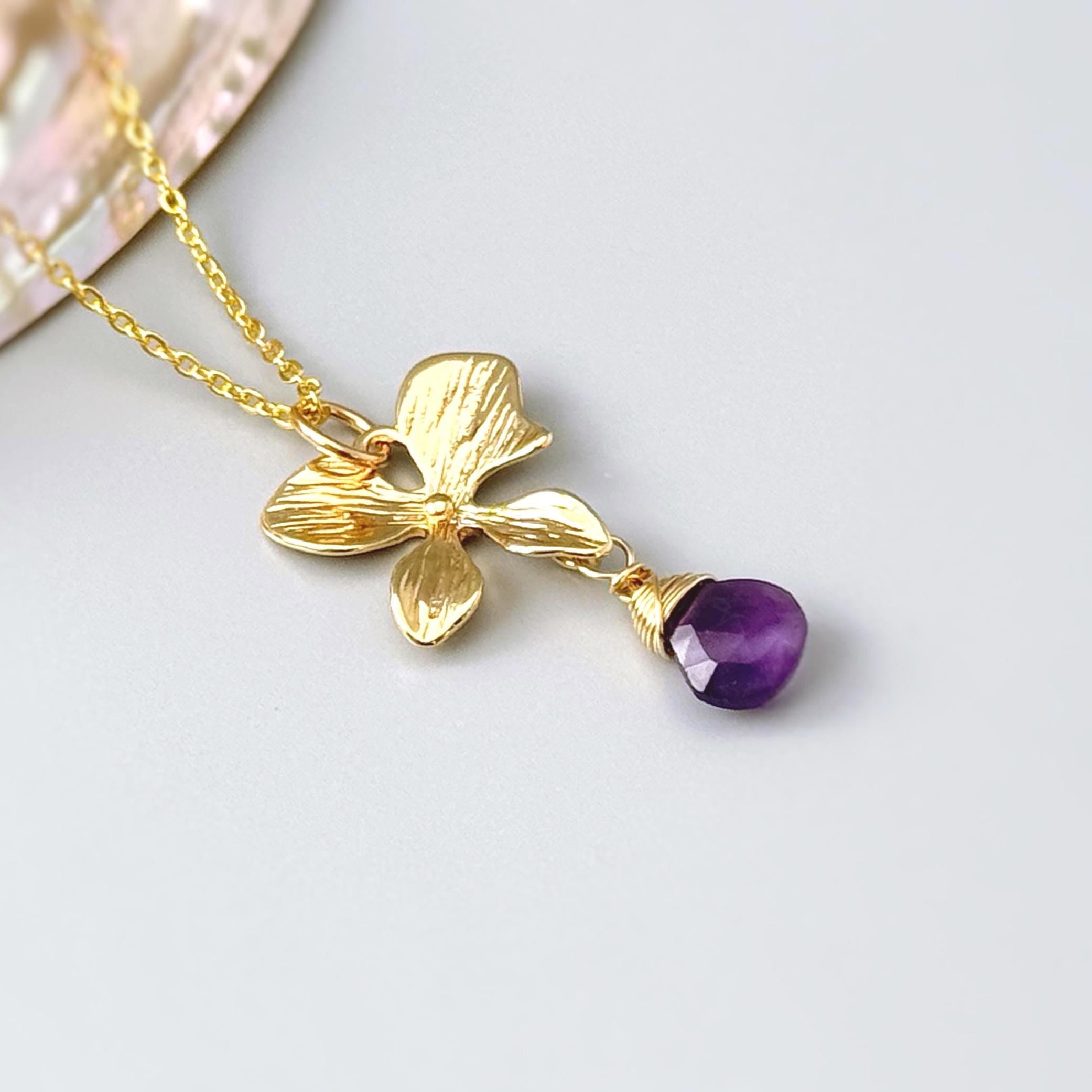 Amethyst Orchid Necklace 14k Gold Fill handmade flower pendant February purple Birthstone jewelry for women gift for mom, wife sister bff
