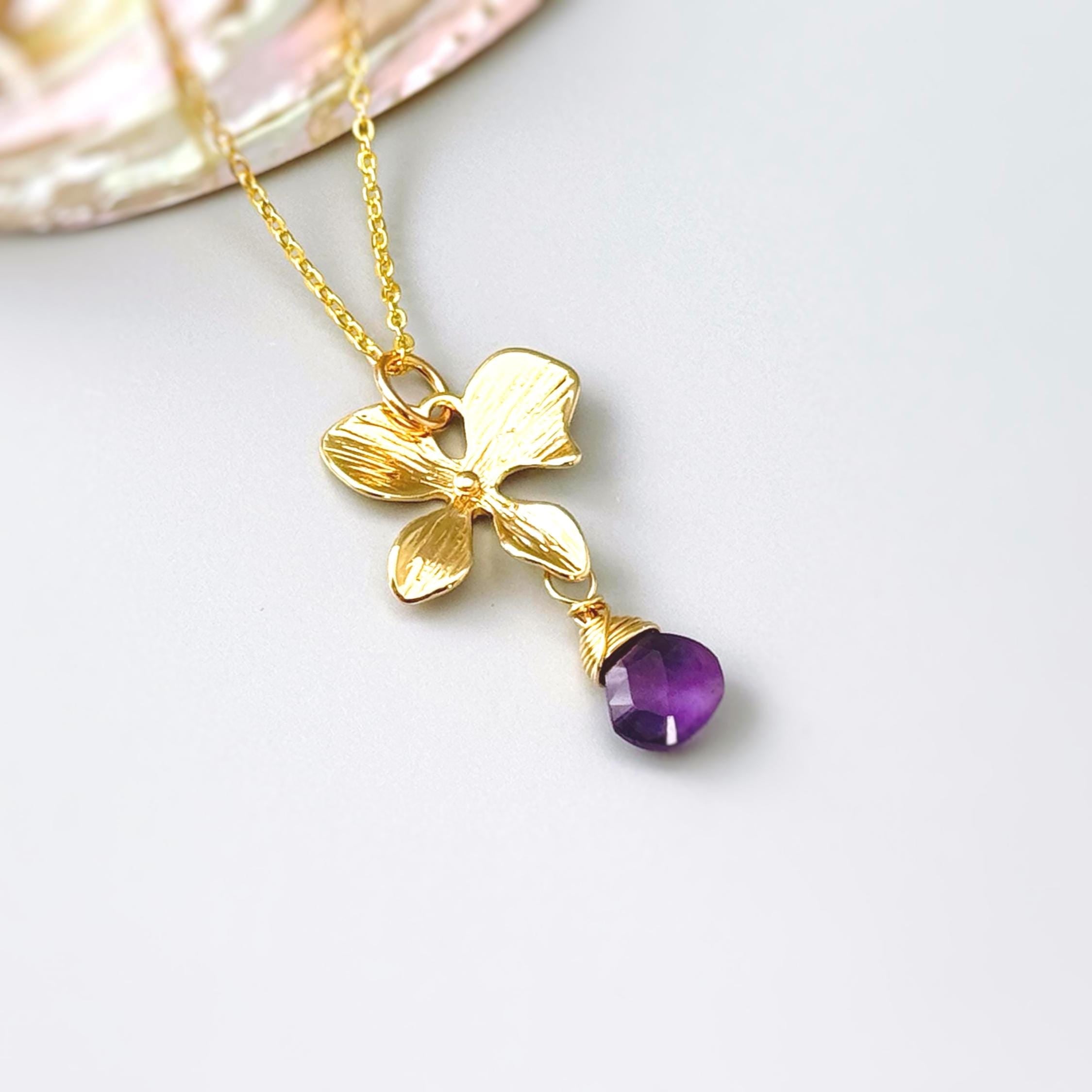 Amethyst Orchid Necklace 14k Gold Fill handmade flower pendant February purple Birthstone jewelry for women gift for mom, wife sister bff