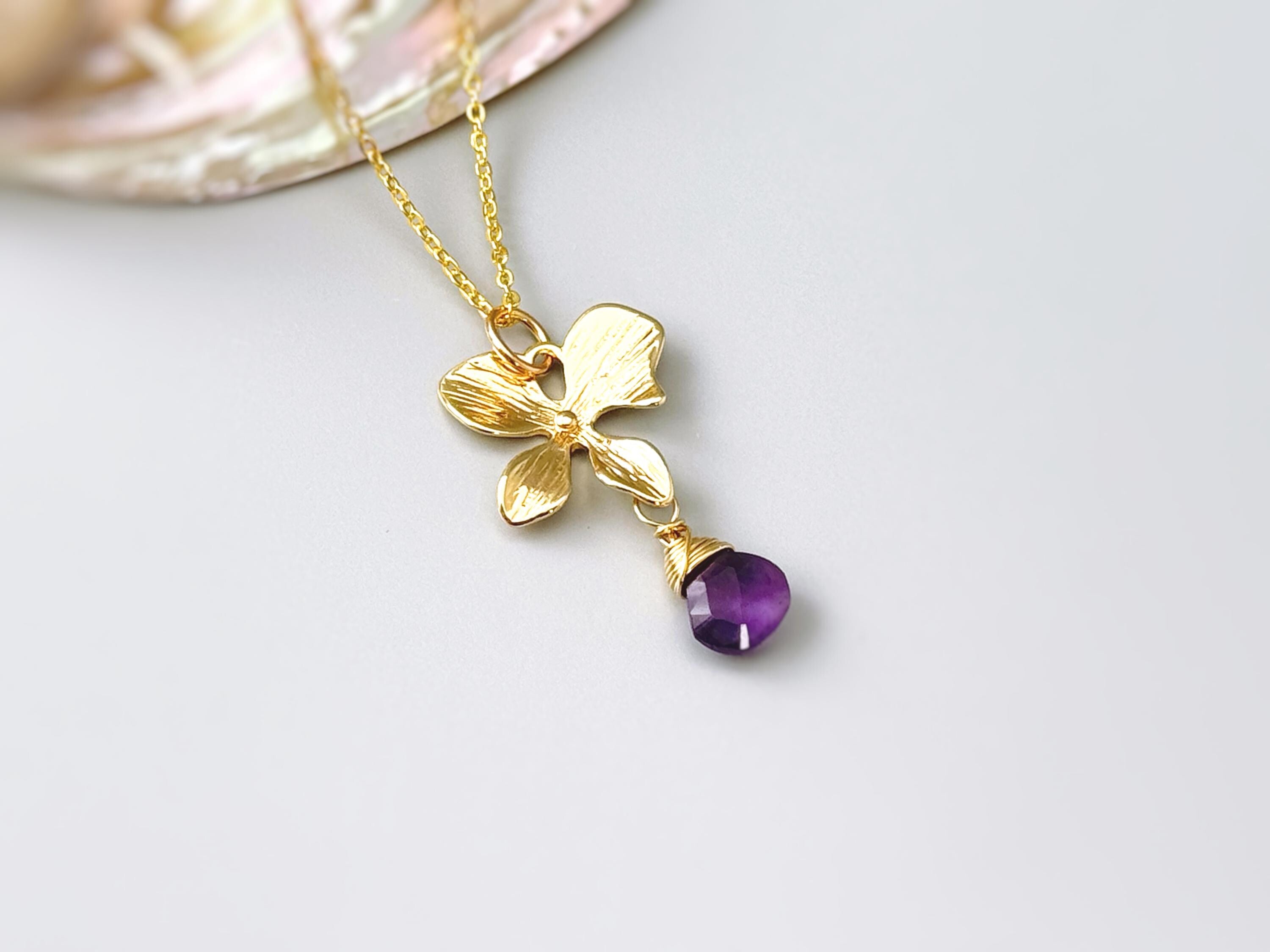 Amethyst Orchid Necklace 14k Gold Fill handmade flower pendant February purple Birthstone jewelry for women gift for mom, wife sister bff