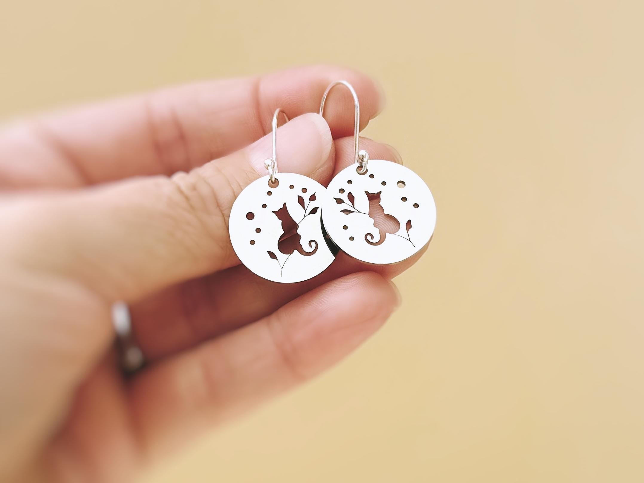 Cat Earrings dangle silver dangle handmade witchy jewelry whimsical spooky gothic earrings kitten kitty gift for cat lovers, mom, sister bff