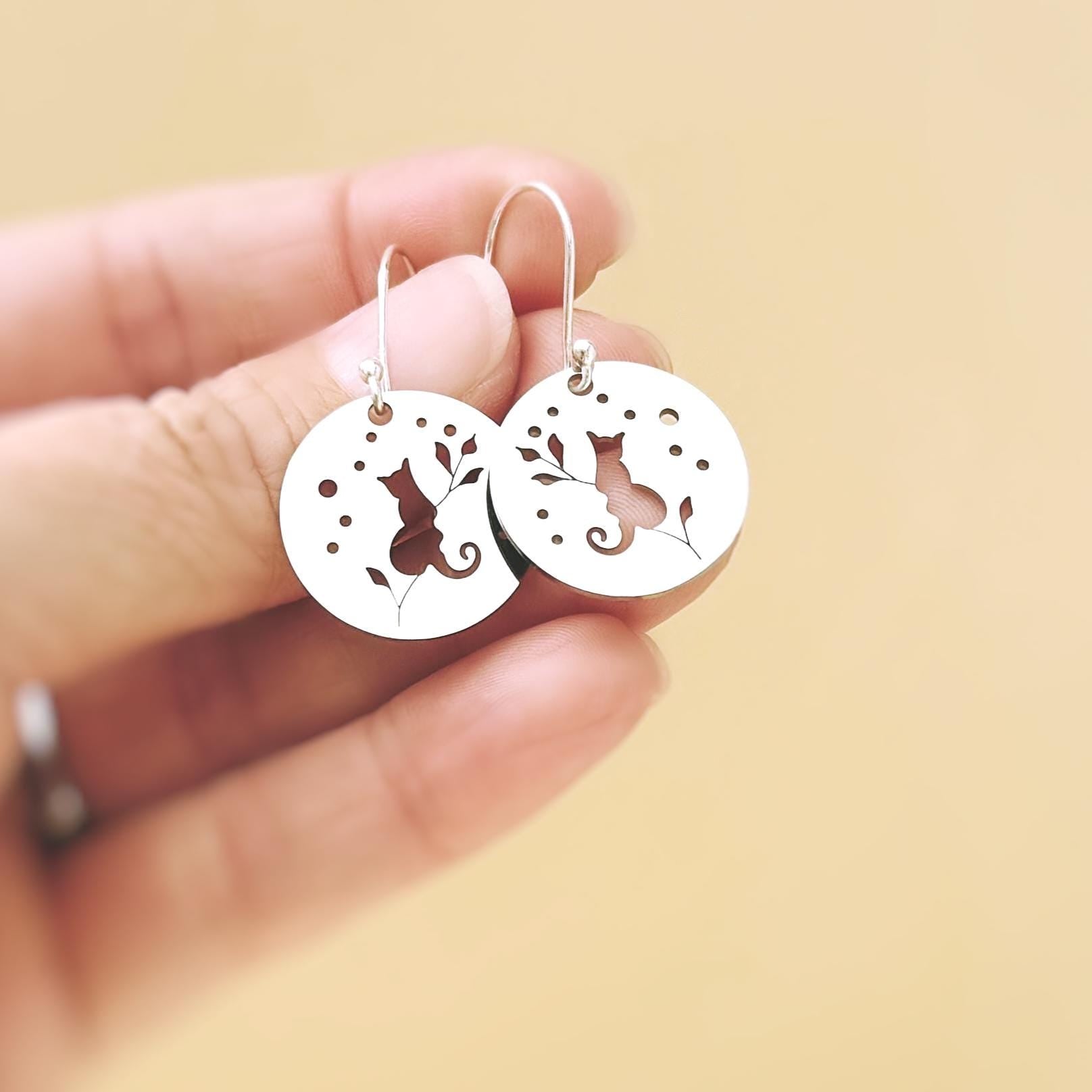 Cat Earrings dangle silver dangle handmade witchy jewelry whimsical spooky gothic earrings kitten kitty gift for cat lovers, mom, sister bff