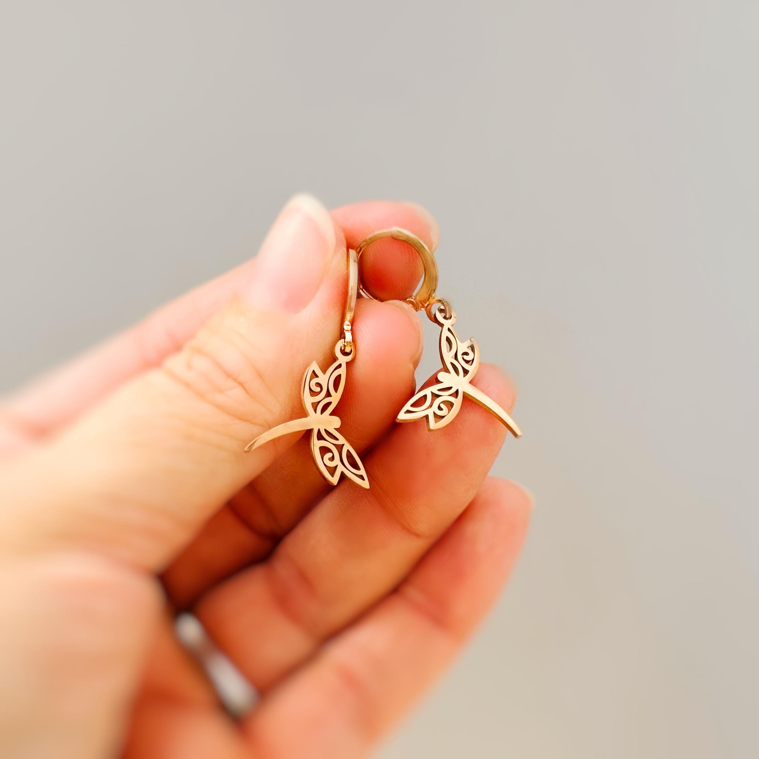 Dragonfly Earrings dangle Rose Gold Handmade Dragonfly Jewelry