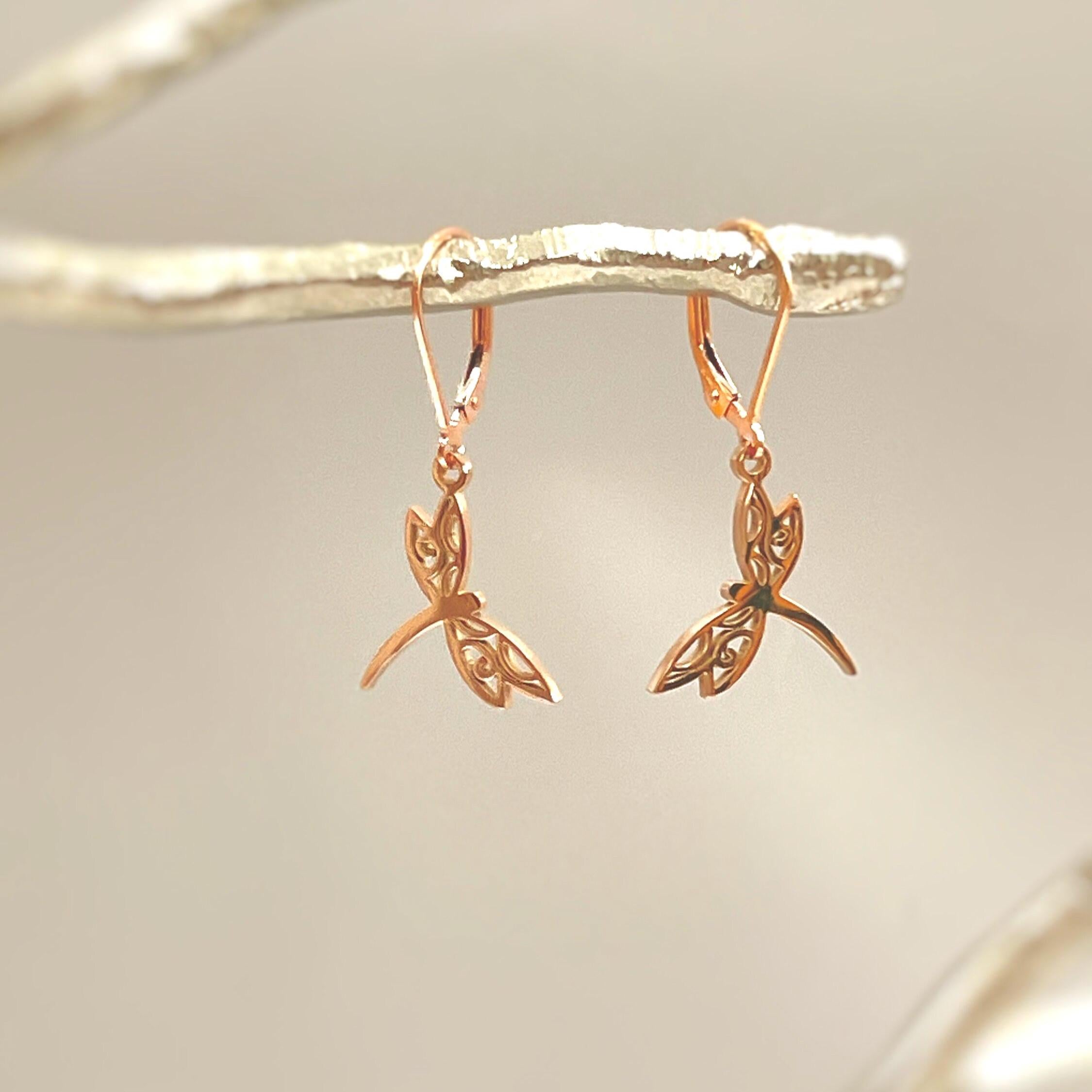 Dragonfly Earrings dangle Rose Gold Handmade Dragonfly Jewelry