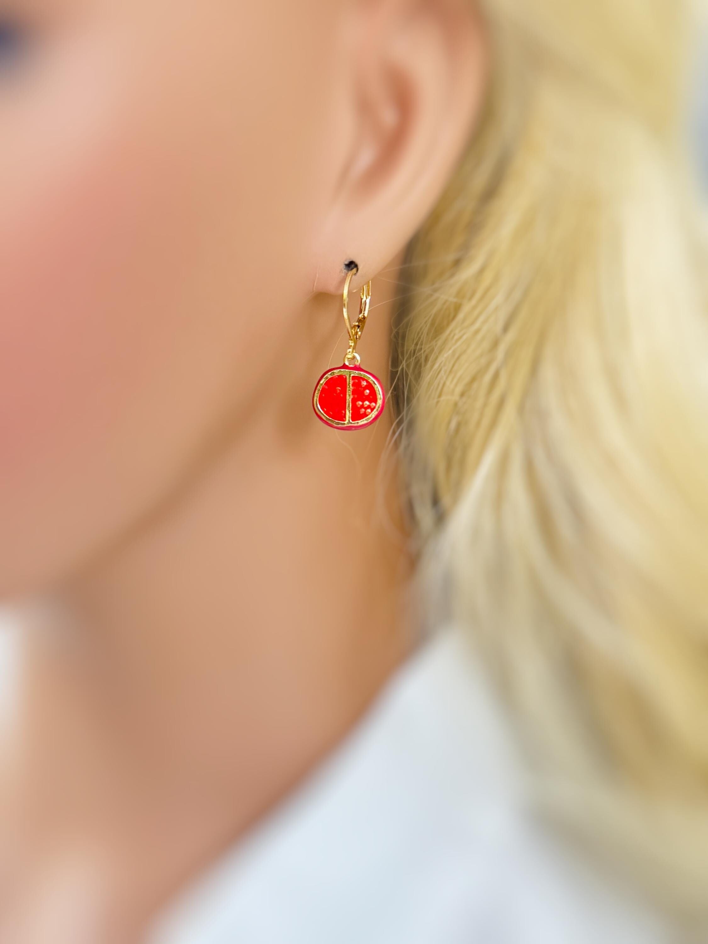 Pomegranate Earrings dangle 14k gold handmade cute red Fruit Jewelry unique dangling charm earrings gift for foodie, chef best friend sister