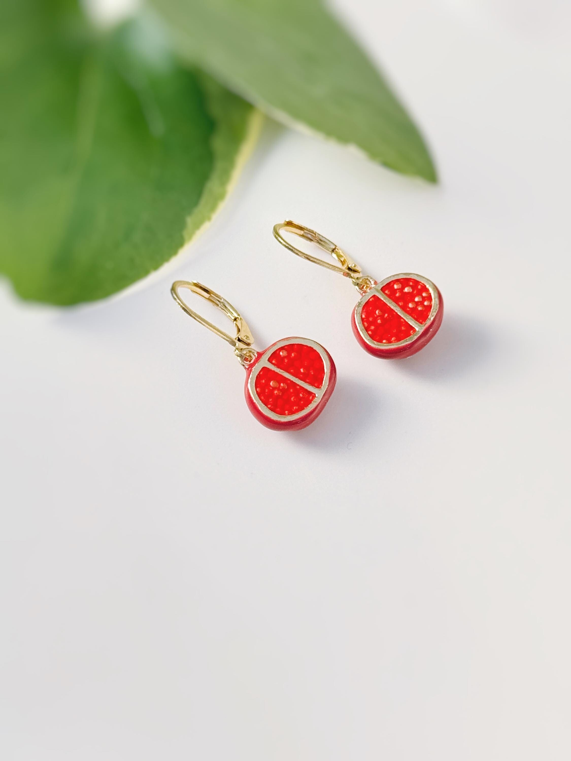 Pomegranate Earrings dangle 14k gold handmade cute red Fruit Jewelry unique dangling charm earrings gift for foodie, chef best friend sister