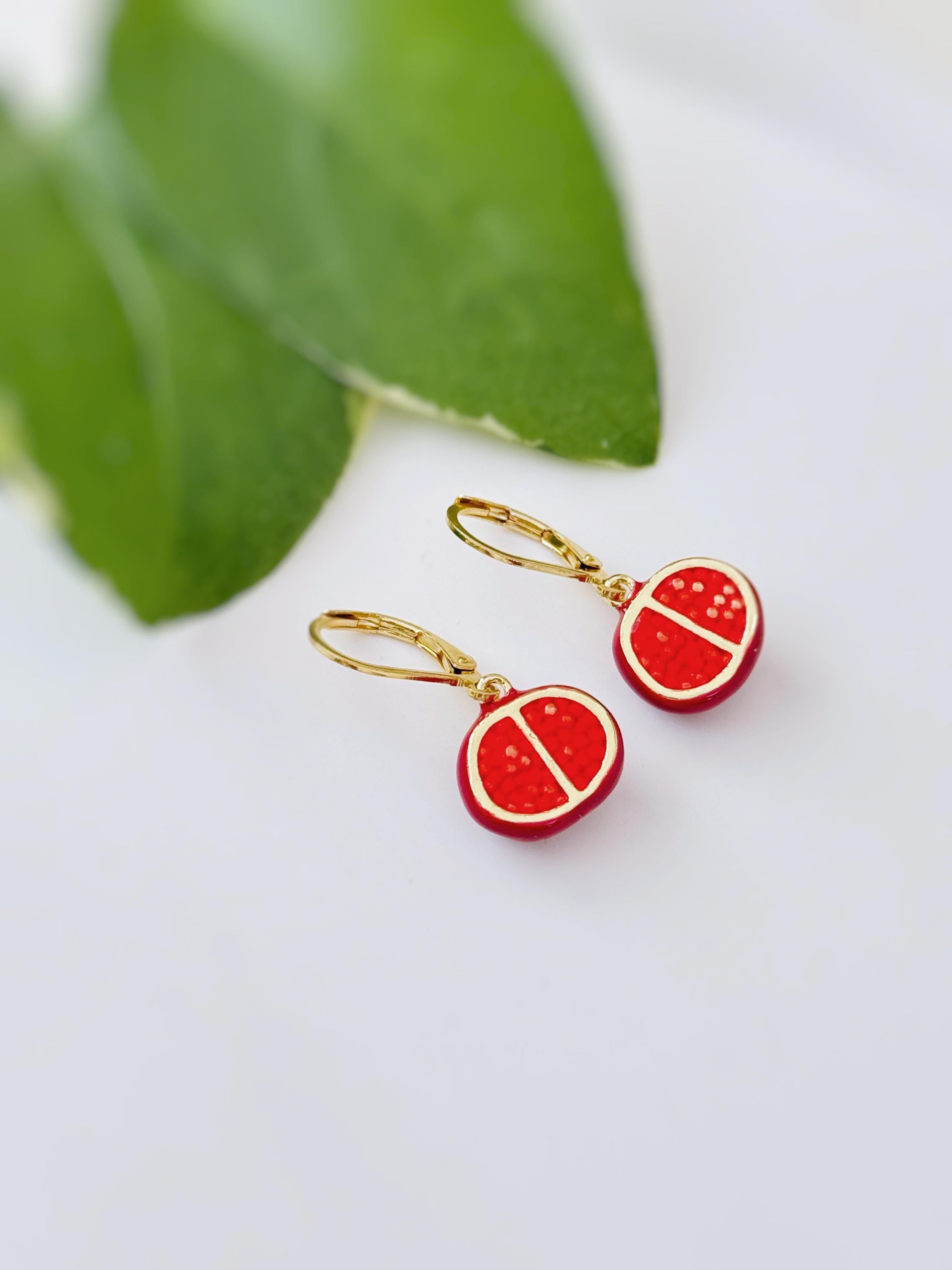 Pomegranate Earrings dangle 14k gold handmade cute red Fruit Jewelry unique dangling charm earrings gift for foodie, chef best friend sister