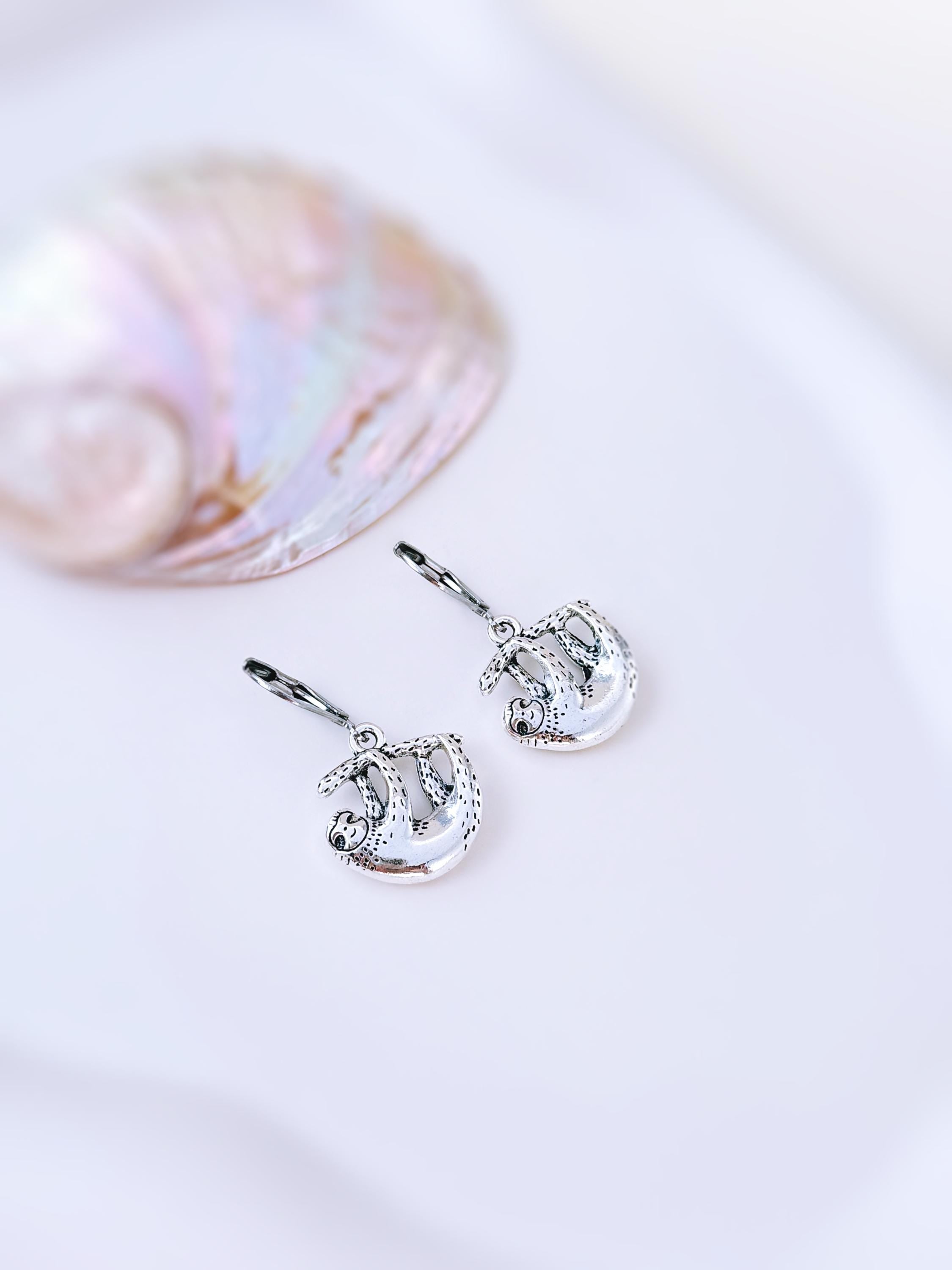 Silver Sloth Earrings dangle fun, unique animal lover sloth gift handmade Jewelry boho dangling charm earrings cottagecore gift for sister