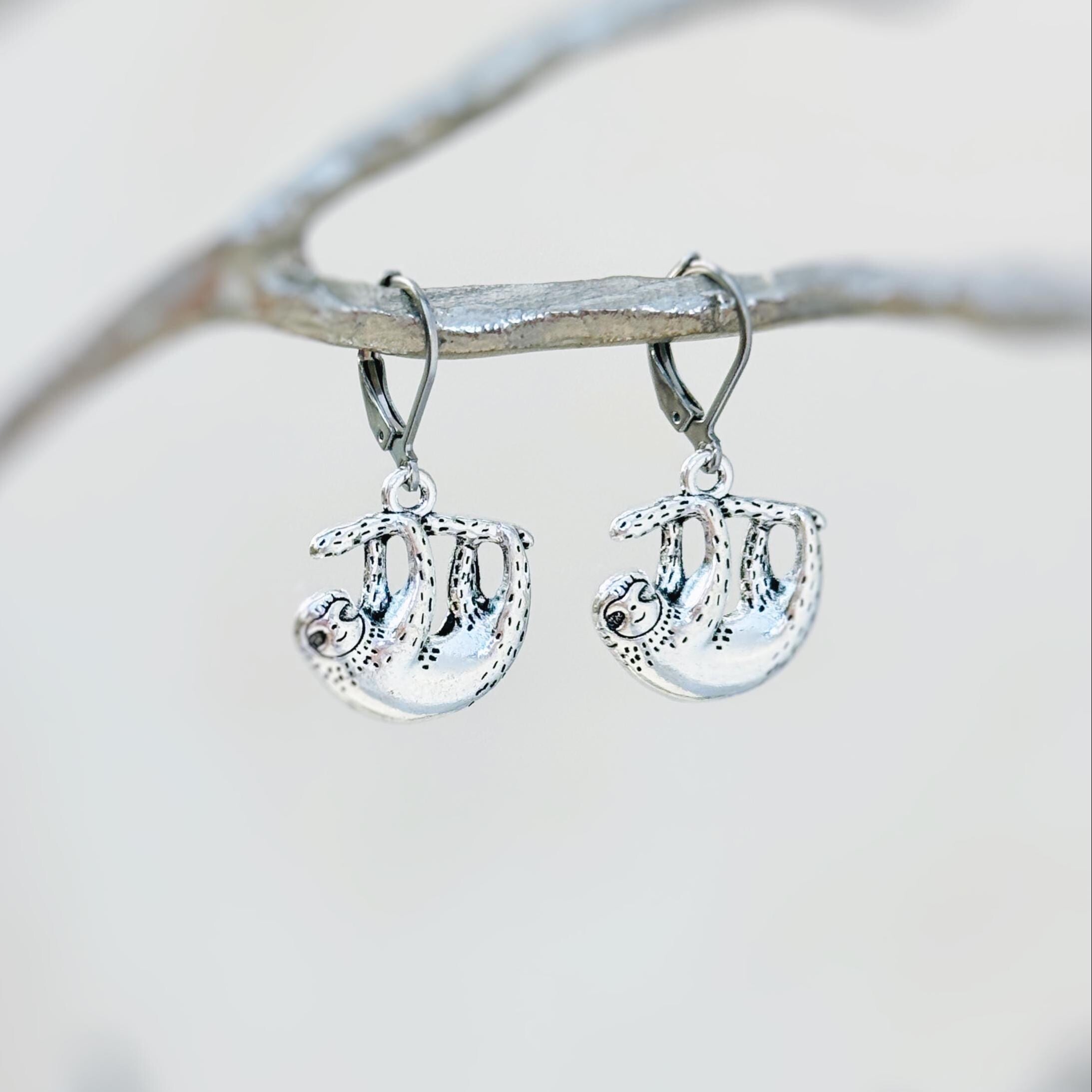 Silver Sloth Earrings dangle fun, unique animal lover sloth gift handmade Jewelry boho dangling charm earrings cottagecore gift for sister