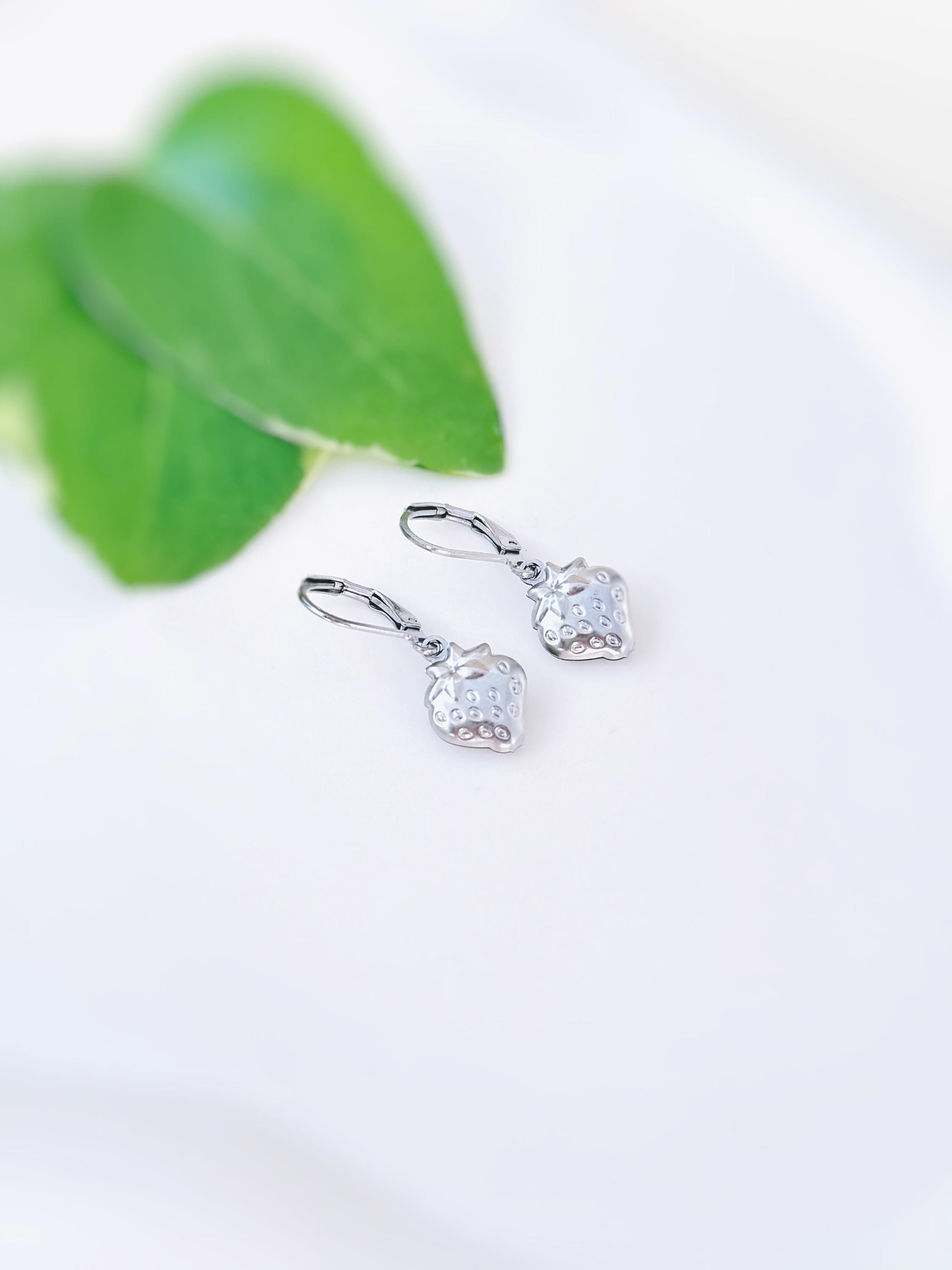 Silver Strawberry Earrings Dangle lightweight unique whimsical handmade food fruit jewelry, fun gift for foodie, chefs, sister bff daughter