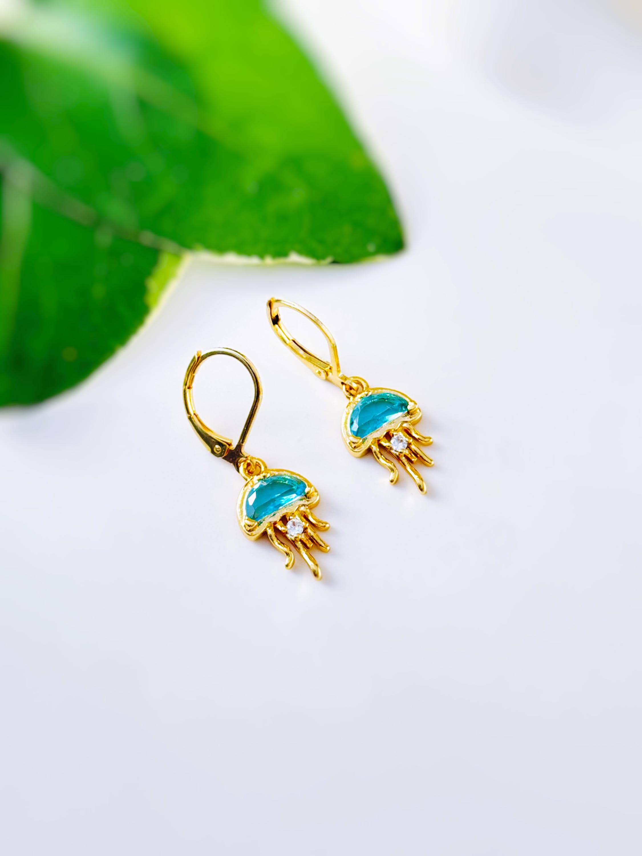 Gold Jellyfish Earrings dangle handmade beach jewelry unique dangling aqua charm ocean earrings gift for surfer, swimmer, sister daughter