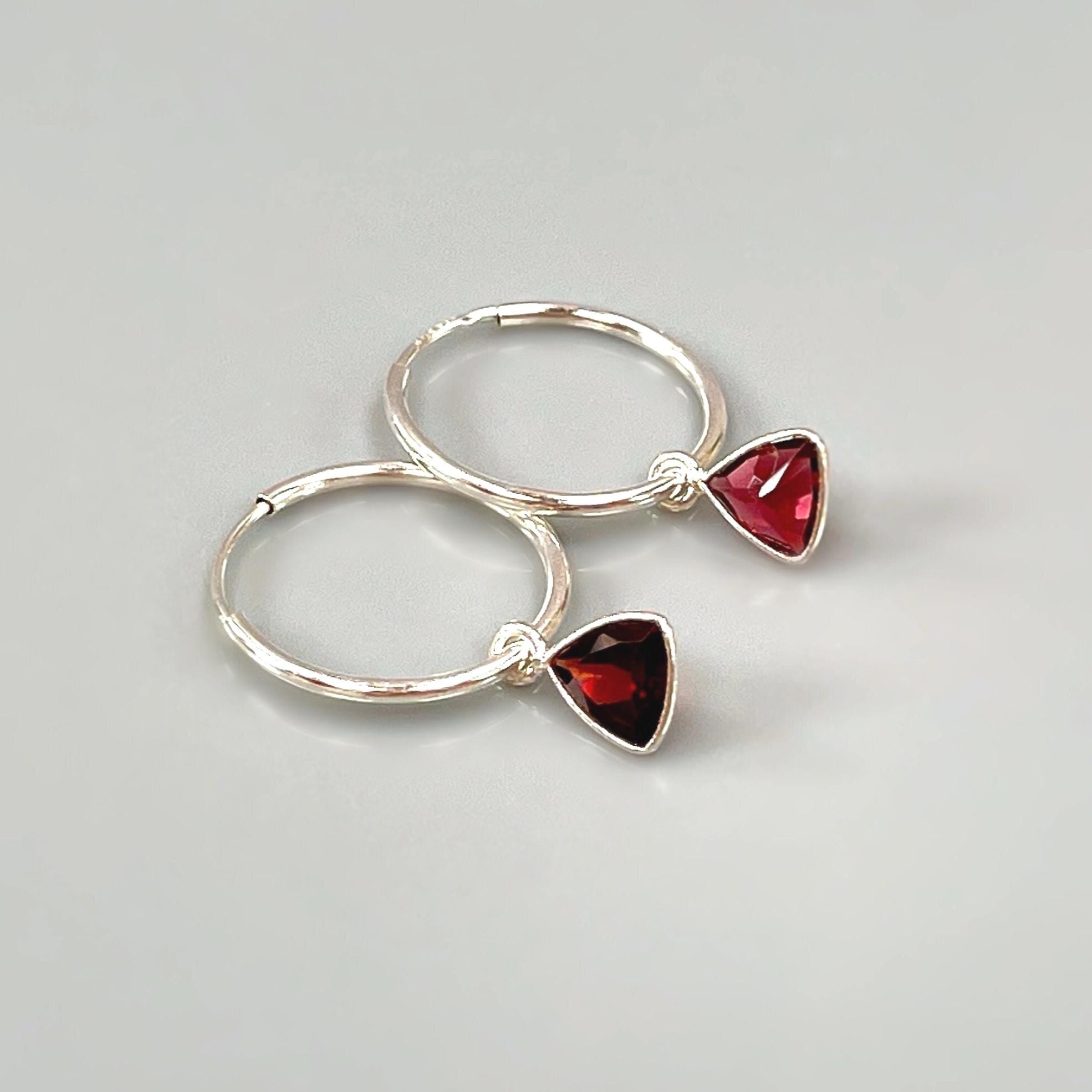 Garnet Hoop earrings Sterling Silver Dangly huggie earrings dainty gemstone earrings handmade jewelry red