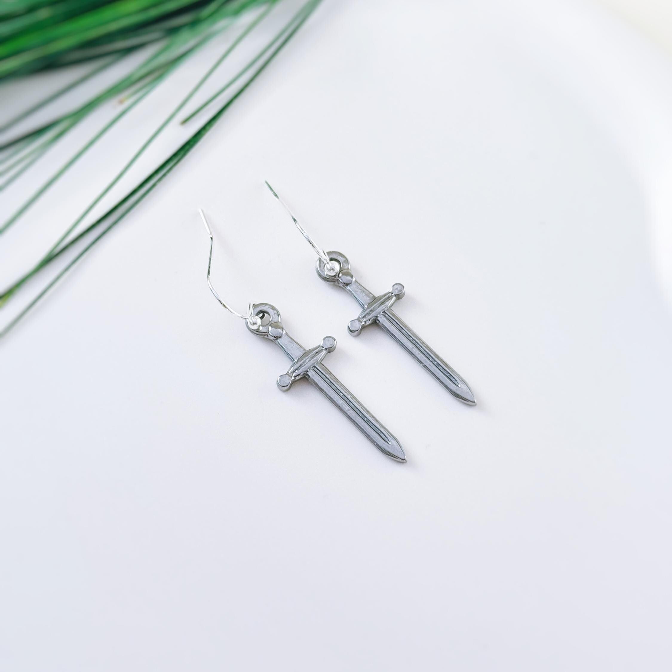 Sword Earrings dangle silver handmade medieval mythical dagger jewelry renaissance faire Celtic gothic earrings stainless steel 925 sterling