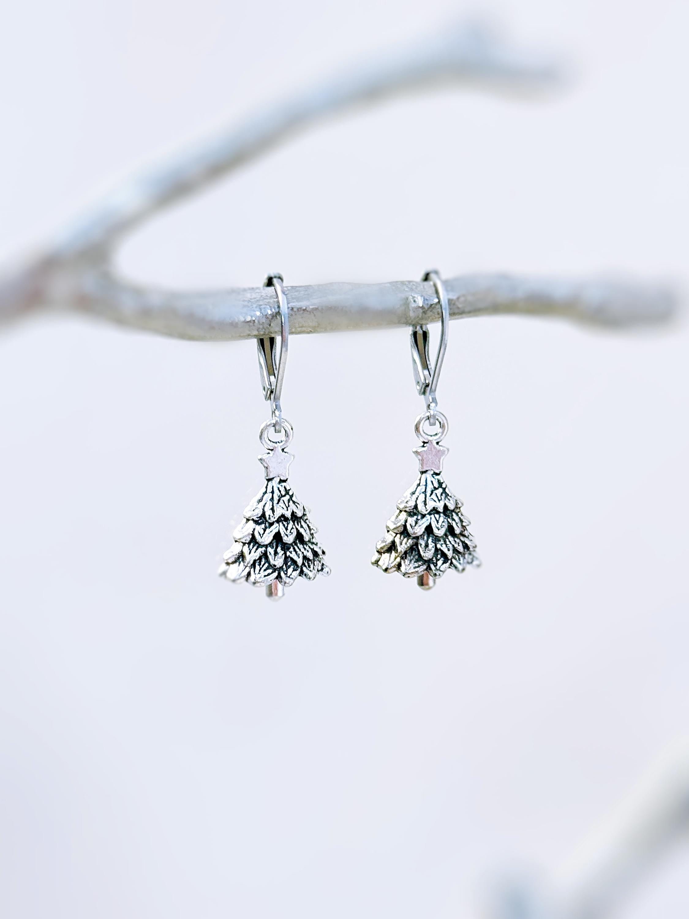 Christmas Tree Earrings dangle silver handmade winter pine tree holiday jewelry fun festive earrings for holiday party 925 sterling silver