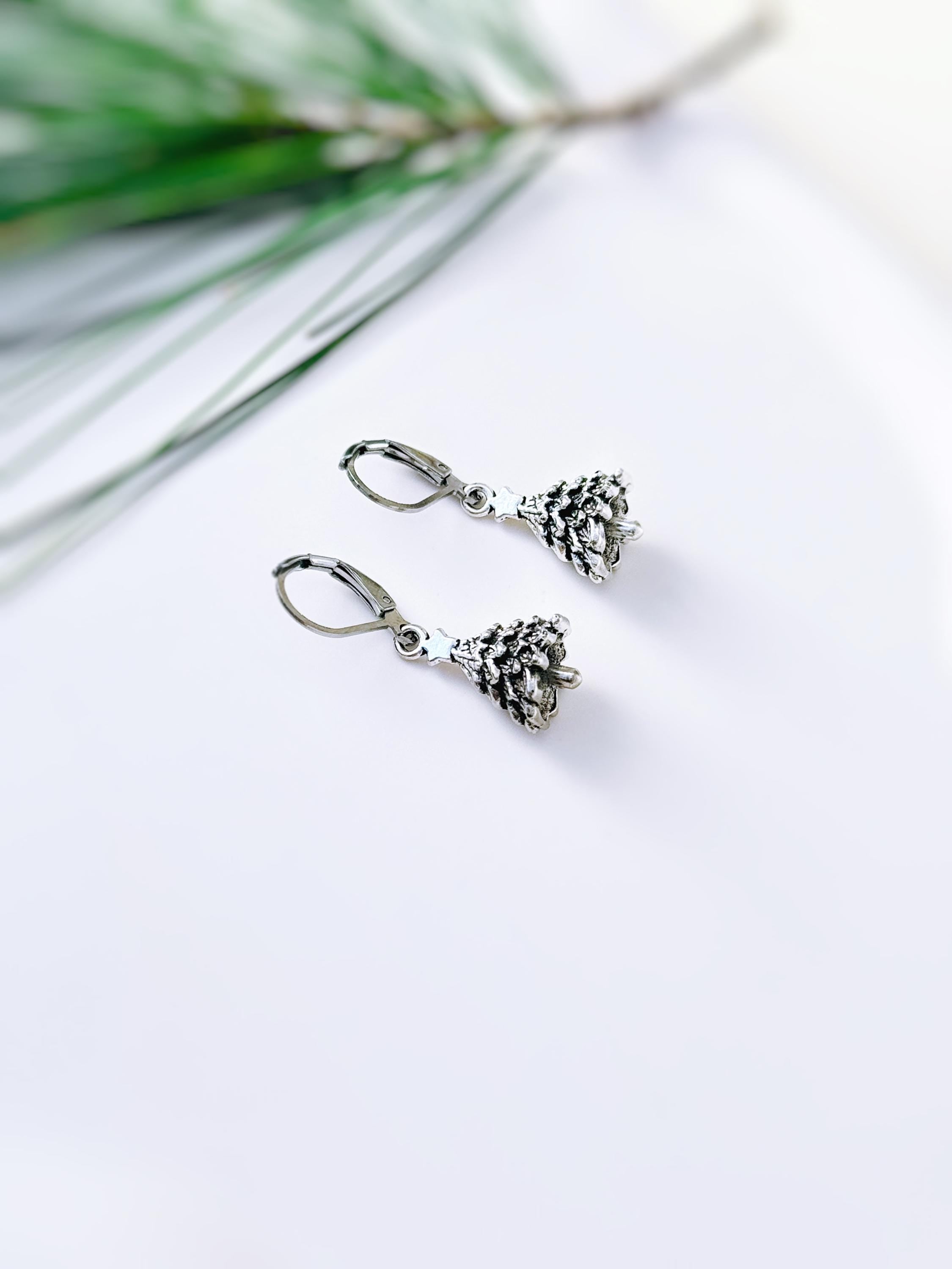 Christmas Tree Earrings dangle silver handmade winter pine tree holiday jewelry fun festive earrings for holiday party 925 sterling silver