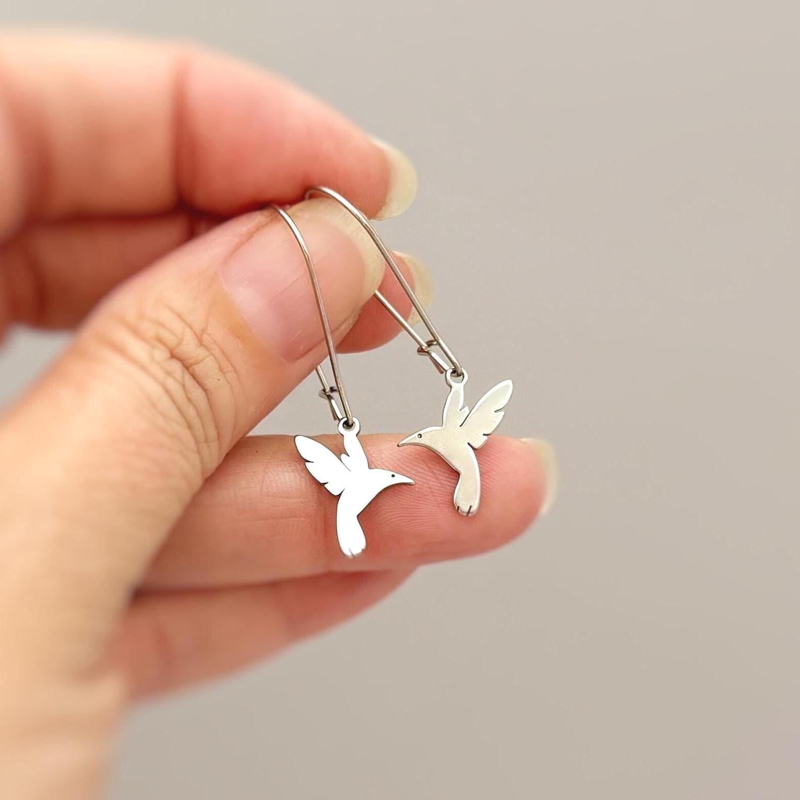 Long Silver Hummingbird Earrings dangle gold sterling silver Bird Jewelry unique gift for mom, nature, bird lover, wife Handmade dangly  lightweight jewelry for women