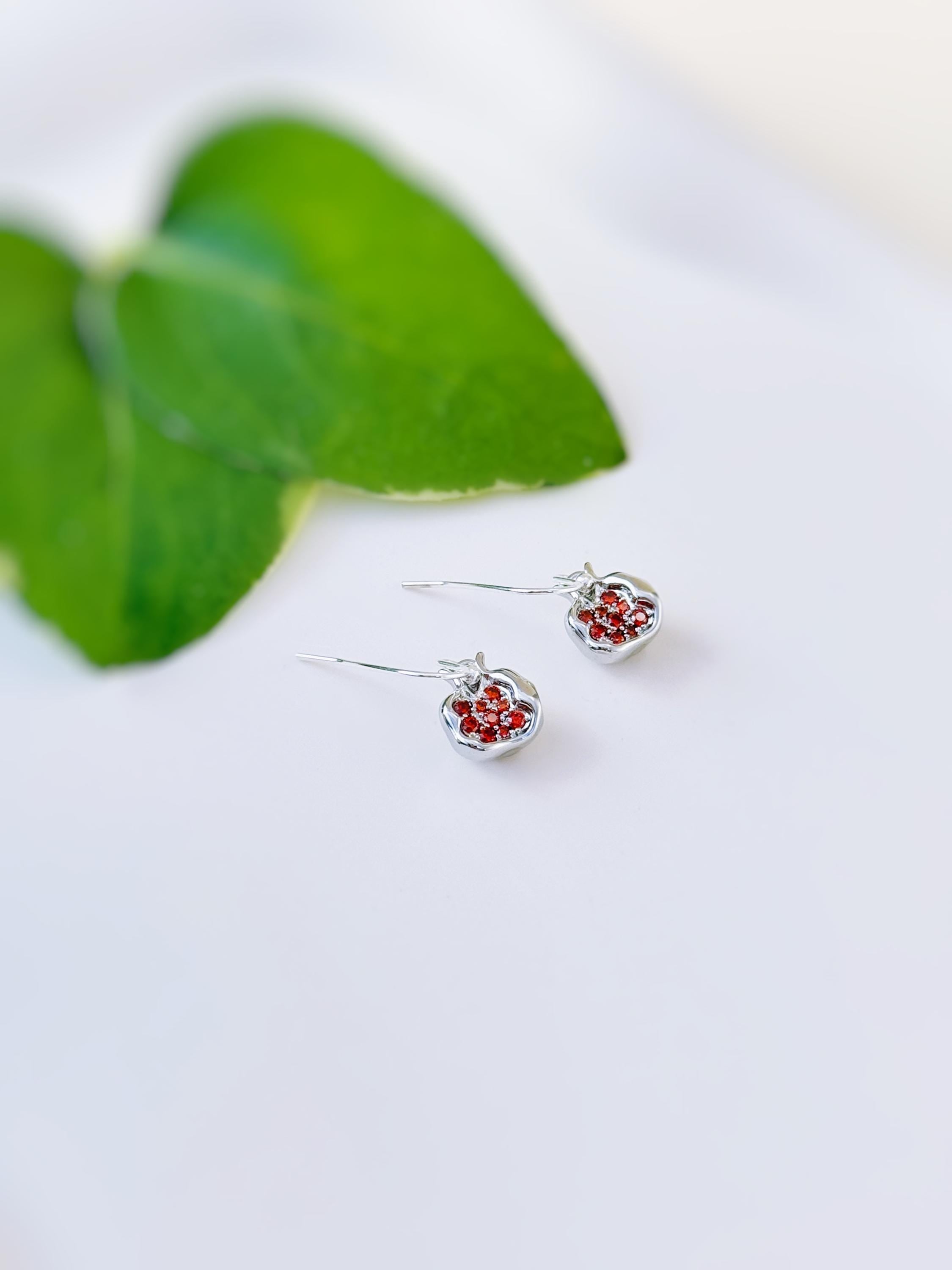 Gold Pomegranate Earrings dangle handmade cute red garnet Fruit Jewelry unique mythical dangling charm earrings gift for foodie chef wife