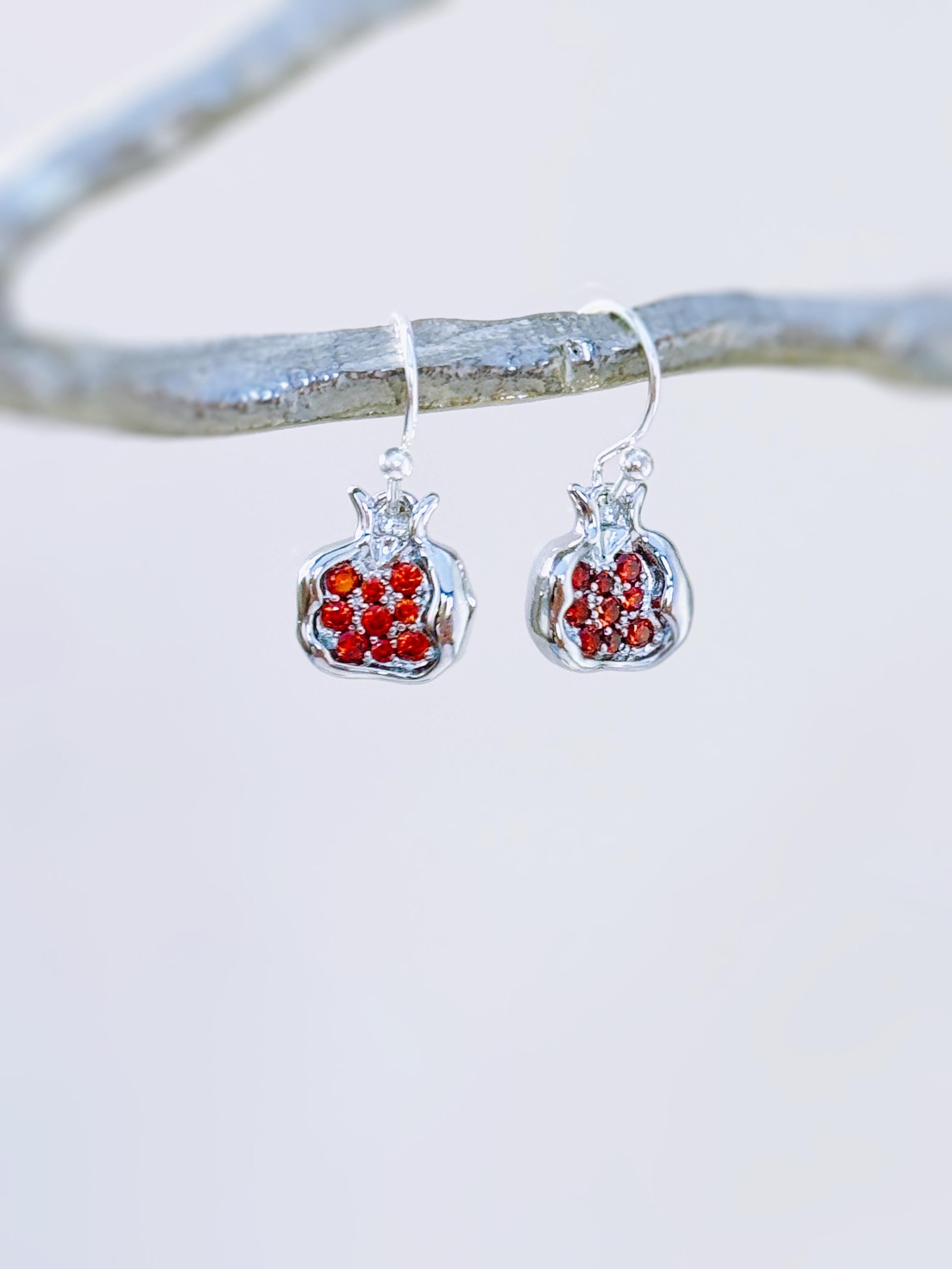 Gold Pomegranate Earrings dangle handmade cute red garnet Fruit Jewelry unique mythical dangling charm earrings gift for foodie chef wife