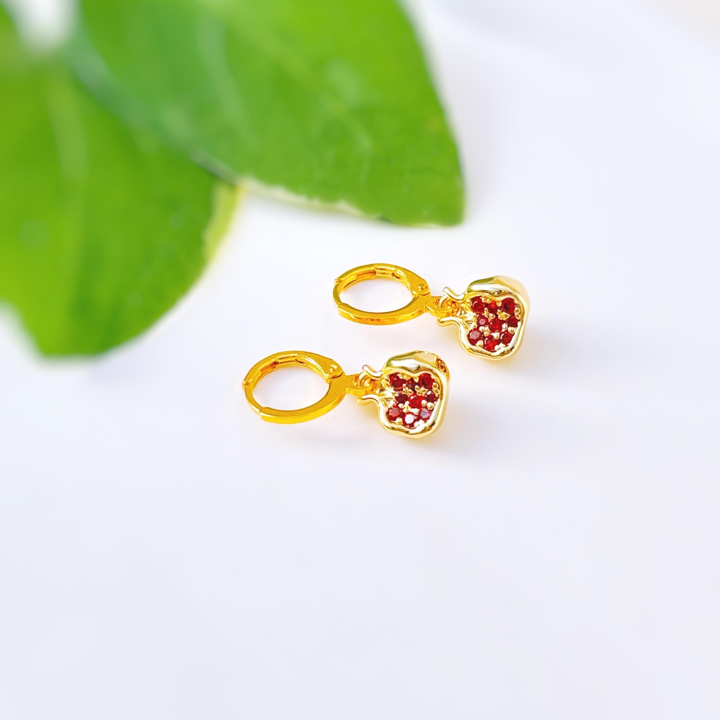 Gold Pomegranate Earrings dangle handmade cute red garnet Fruit Jewelry unique dangling charm earrings gift for foodie chef wife mom sister