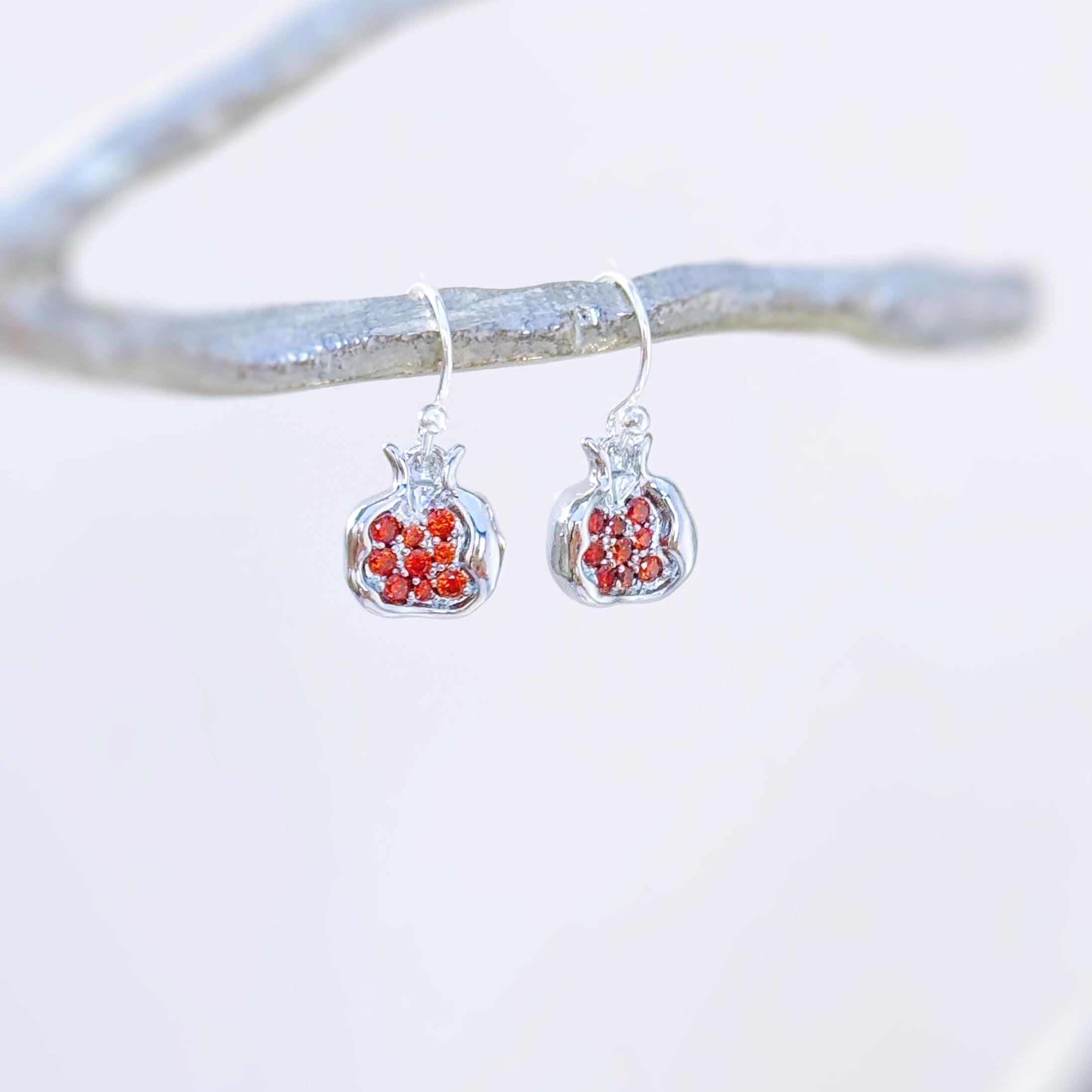 Gold Pomegranate Earrings dangle handmade cute red garnet Fruit Jewelry unique dangling charm earrings gift for foodie chef wife mom sister