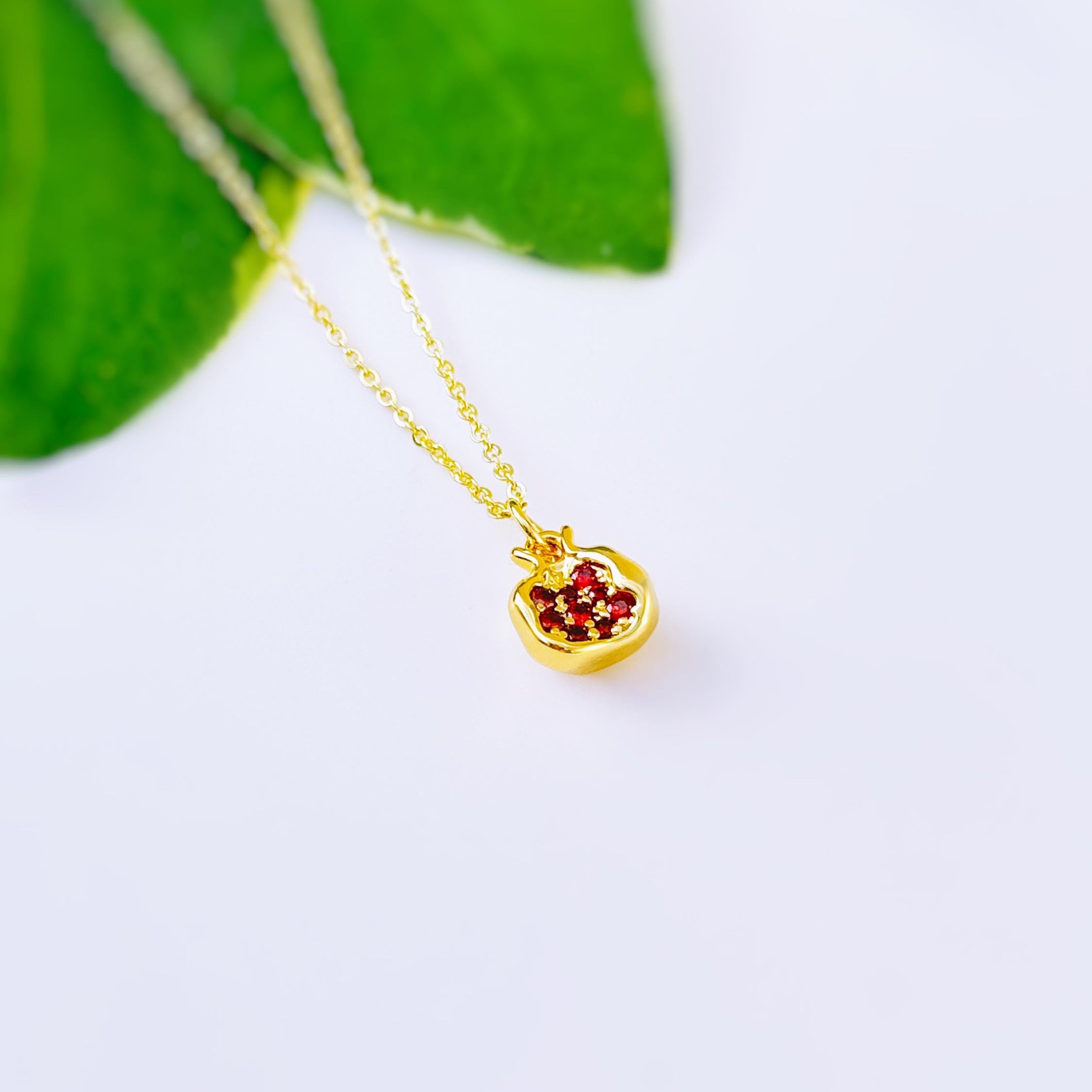 Gold Pomegranate Necklace silver handmade cute red garnet Fruit Jewelry unique charm pendant gift for foodie, chef, mom Judaica jewelry