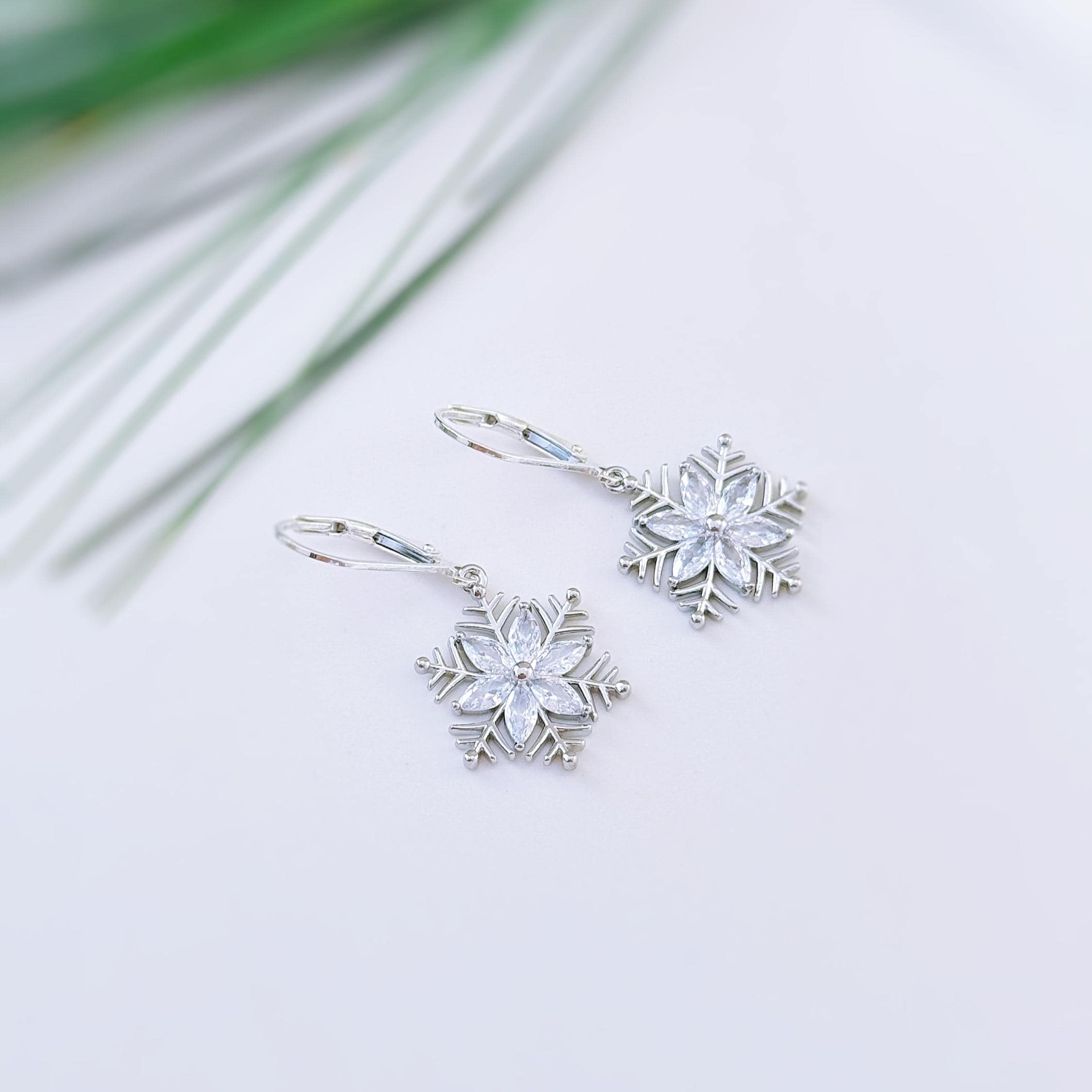 Silver Snowflake Earrings dangle handmade gold crystal winter wedding jewelry festive sparkling earrings for holiday parties sterling silver