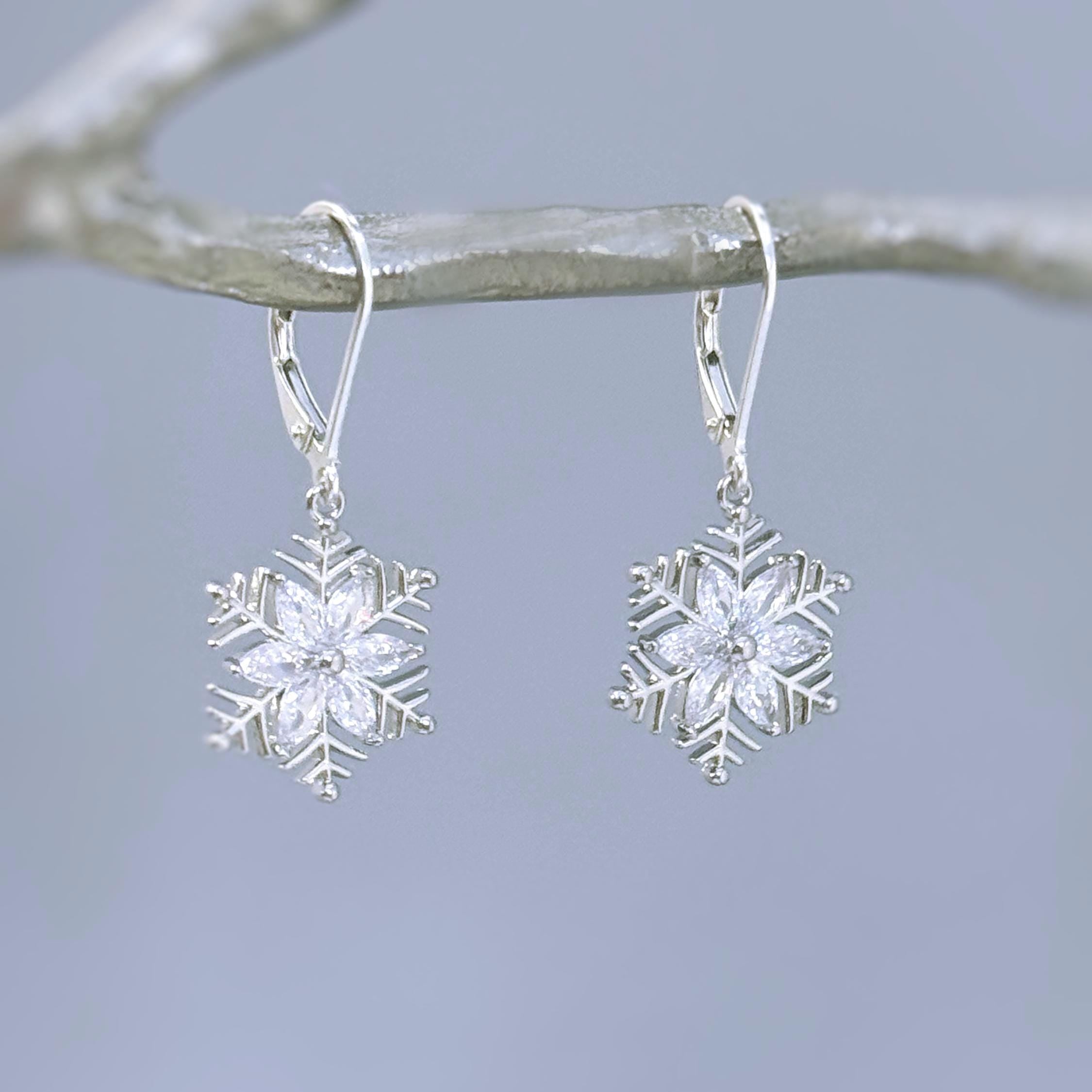 Silver Snowflake Earrings dangle handmade crystal winter wedding jewelry festive sparkling earrings for holiday parties 925 sterling silver